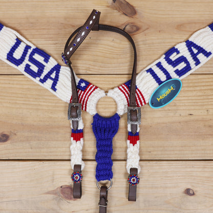 USA Braided American Flag Mohair Western Headstall Tack Set with 32” Front Girth – Red, White &amp; Blue on Argentina Leather – Complete 5-Piece Set – Antique Copper Hardware – Handcrafted