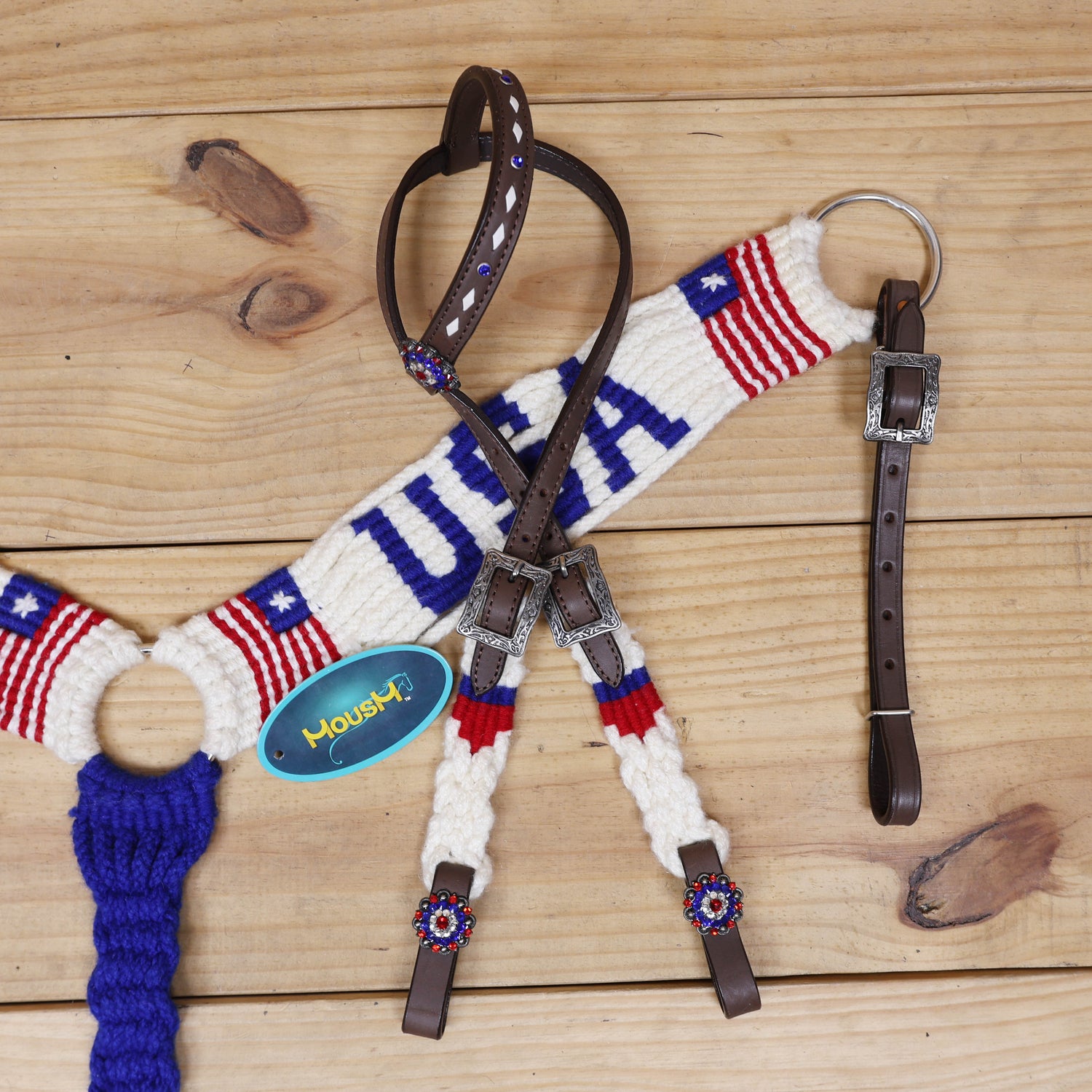 USA Braided American Flag Mohair Western Headstall Tack Set with 32” Front Girth – Red, White &amp; Blue on Argentina Leather – Complete 5-Piece Set – Antique Copper Hardware – Handcrafted
