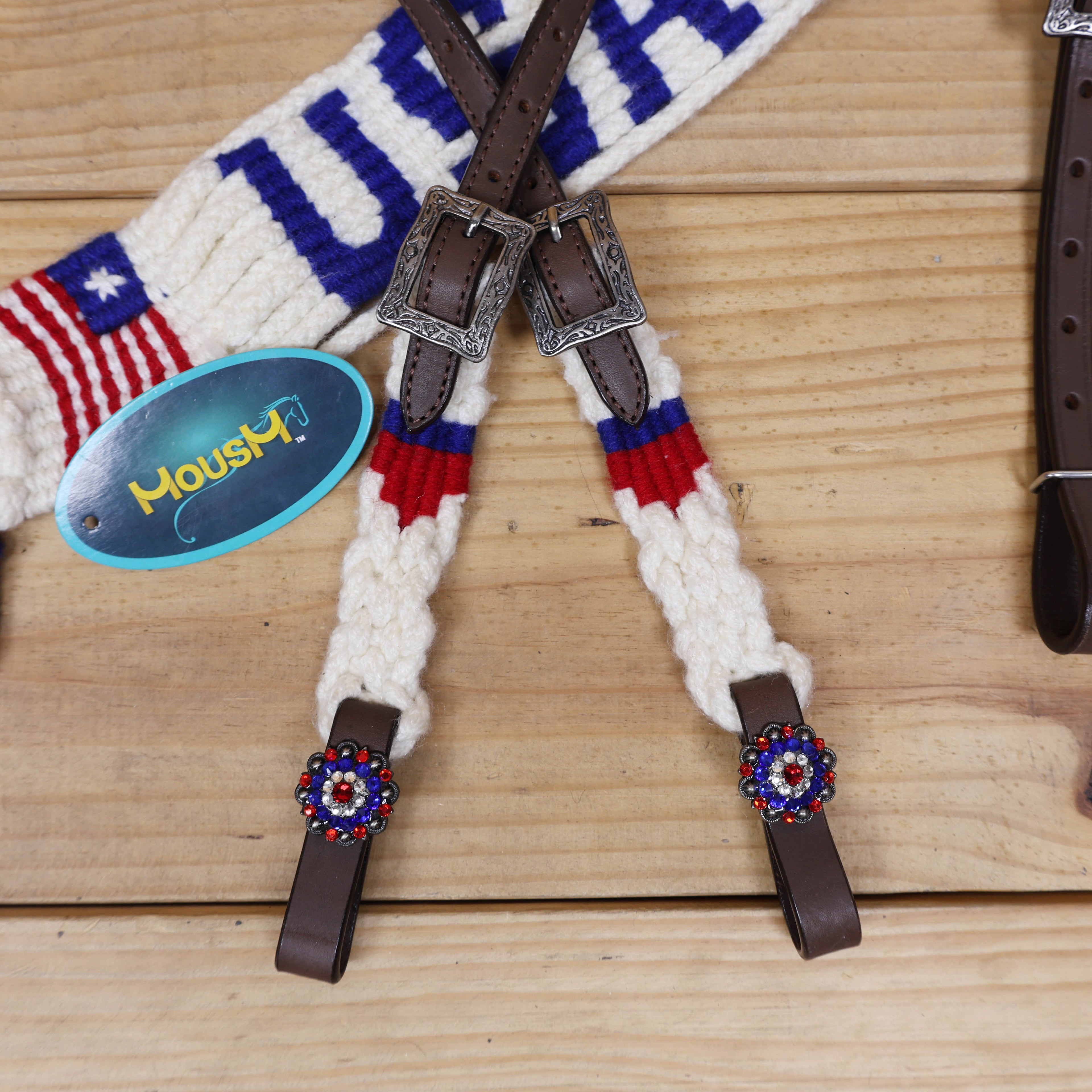USA Braided American Flag Mohair Western Headstall Tack Set with 32” Front Girth – Red, White &amp; Blue on Argentina Leather – Complete 5-Piece Set – Antique Copper Hardware – Handcrafted