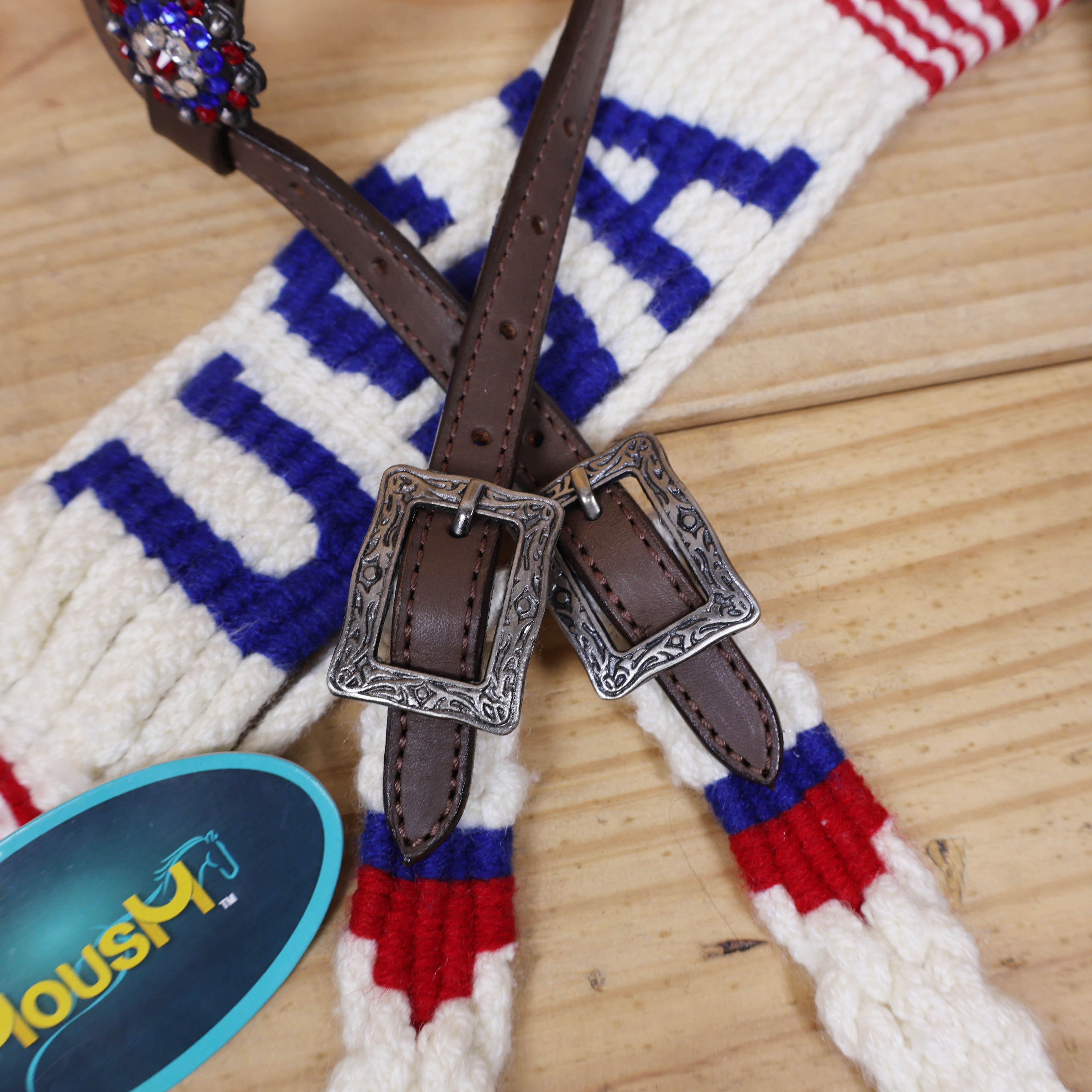 USA Braided American Flag Mohair Western Headstall Tack Set with 32” Front Girth – Red, White &amp; Blue on Argentina Leather – Complete 5-Piece Set – Antique Copper Hardware – Handcrafted