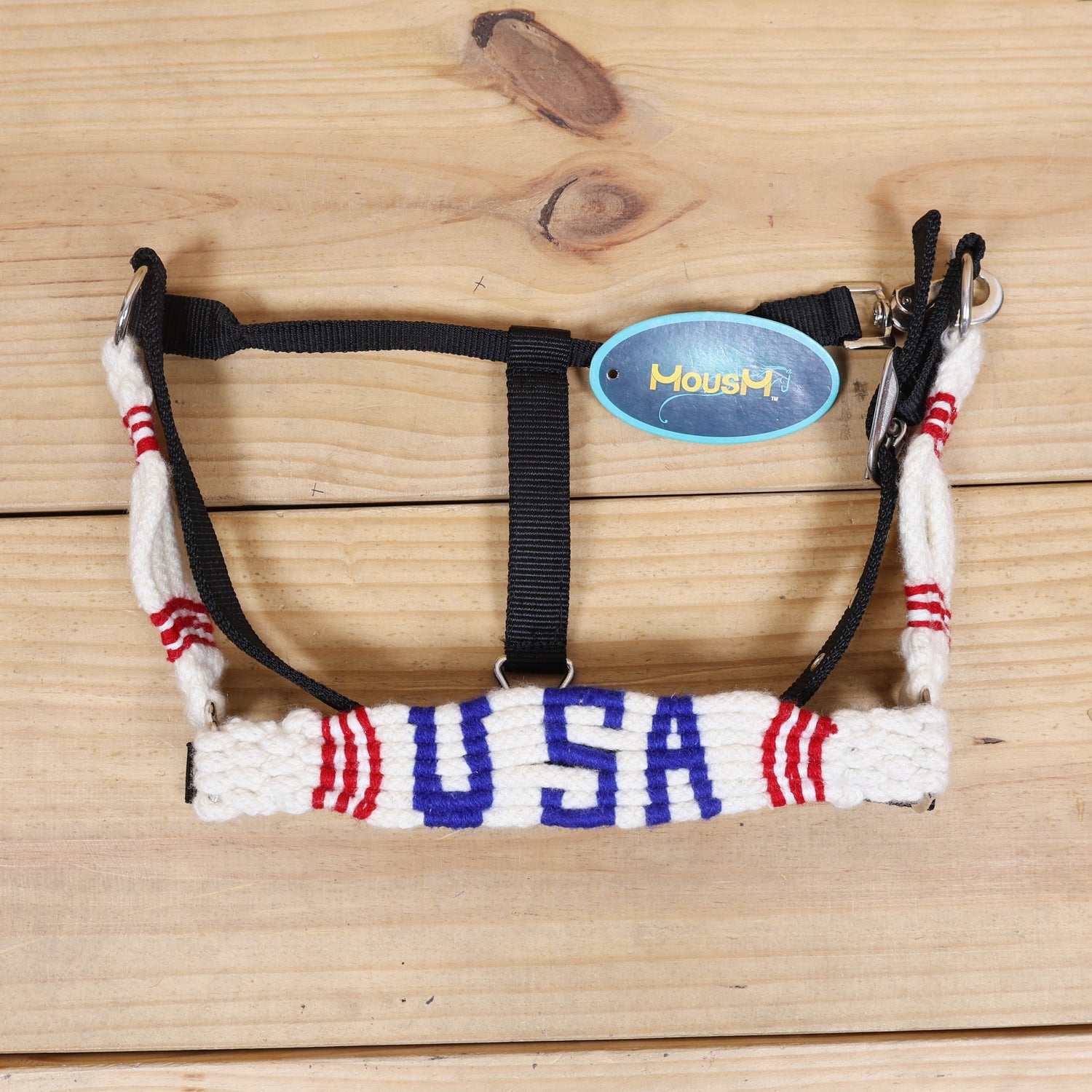 USA Braided American Flag Mohair Western Headstall Tack Set with 32” Front Girth – Red, White &amp; Blue on Argentina Leather – Complete 5-Piece Set – Antique Copper Hardware – Handcrafted