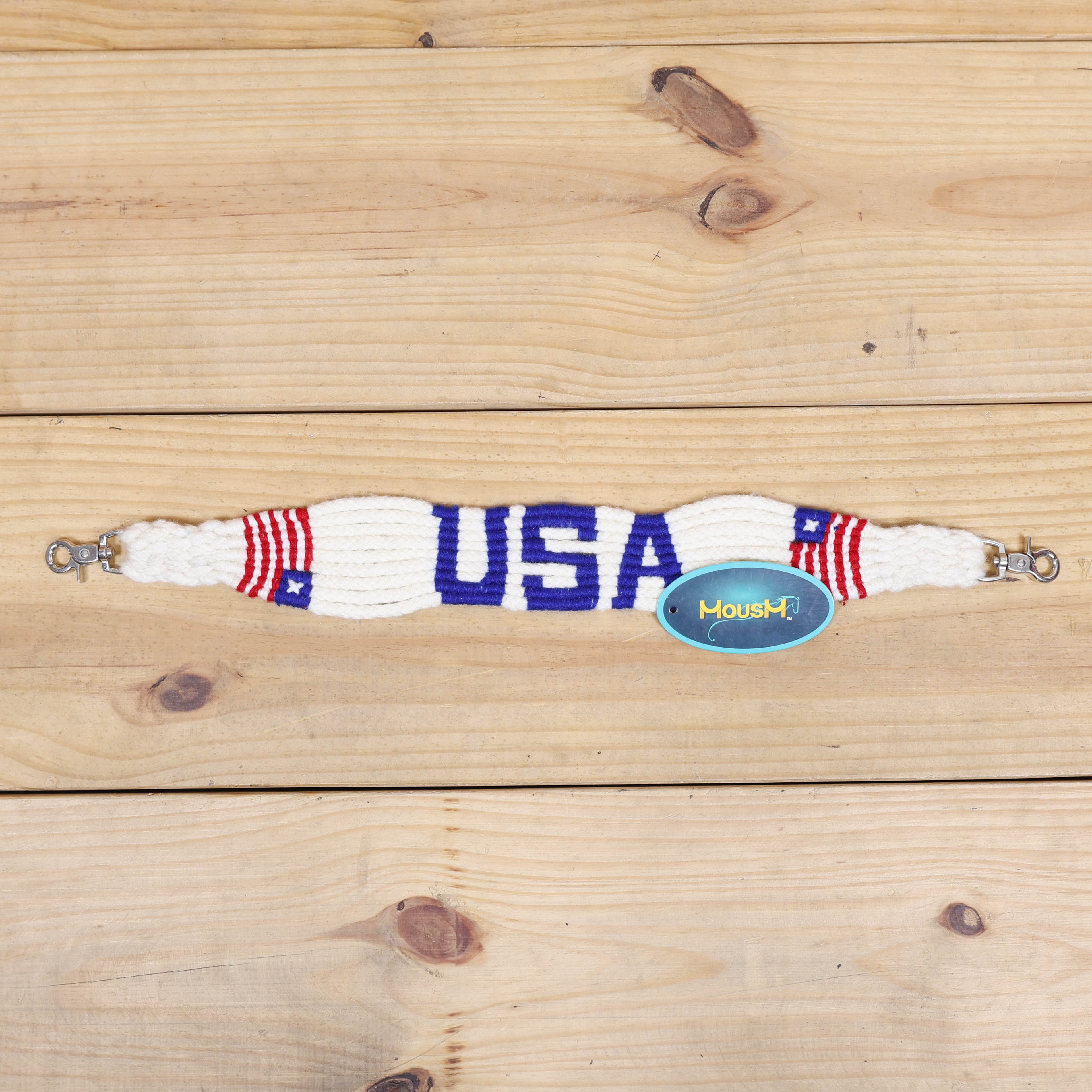 USA Braided American Flag Mohair Western Headstall Tack Set with 32” Front Girth – Red, White &amp; Blue on Argentina Leather – Complete 5-Piece Set – Antique Copper Hardware – Handcrafted