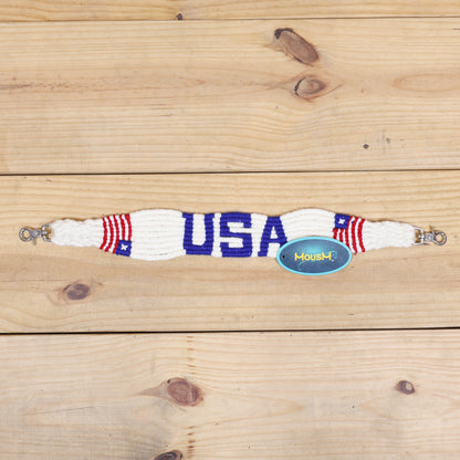 USA Braided American Flag Mohair Western Headstall Tack Set with 32” Front Girth – Red, White &amp; Blue on Argentina Leather – Complete 5-Piece Set – Antique Copper Hardware – Handcrafted