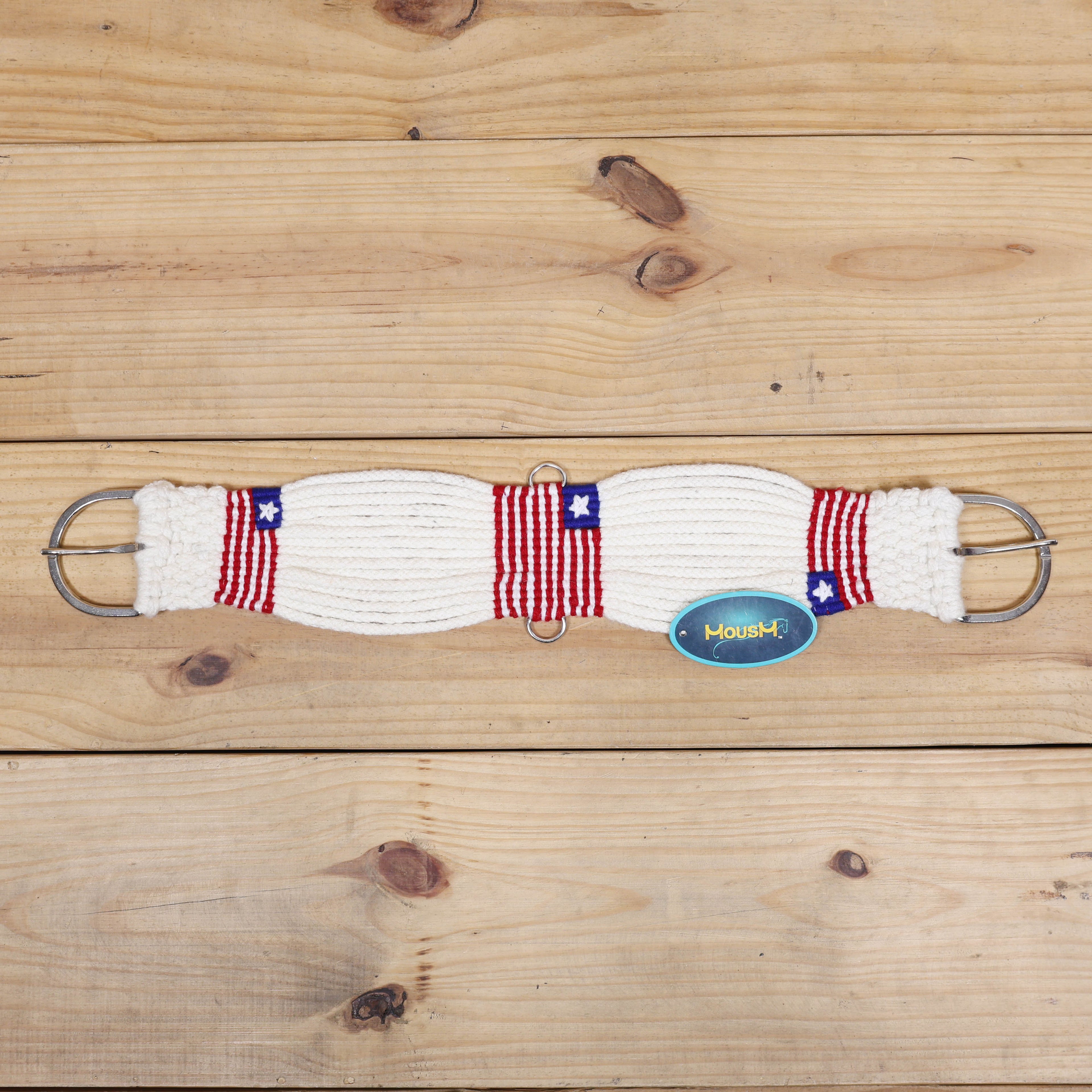 USA Braided American Flag Mohair Western Headstall Tack Set with 32” Front Girth – Red, White &amp; Blue on Argentina Leather – Complete 5-Piece Set – Antique Copper Hardware – Handcrafted