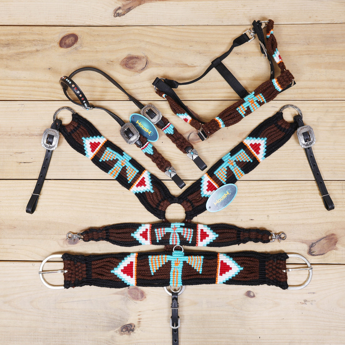 Thunder Bird Mohair Western Headstall Tack Set with 32” Front Girth – Brown, Black, Teal &amp; Red – Complete 5-Piece Set on Argentina Leather – Antique Copper Hardware – Handcrafted