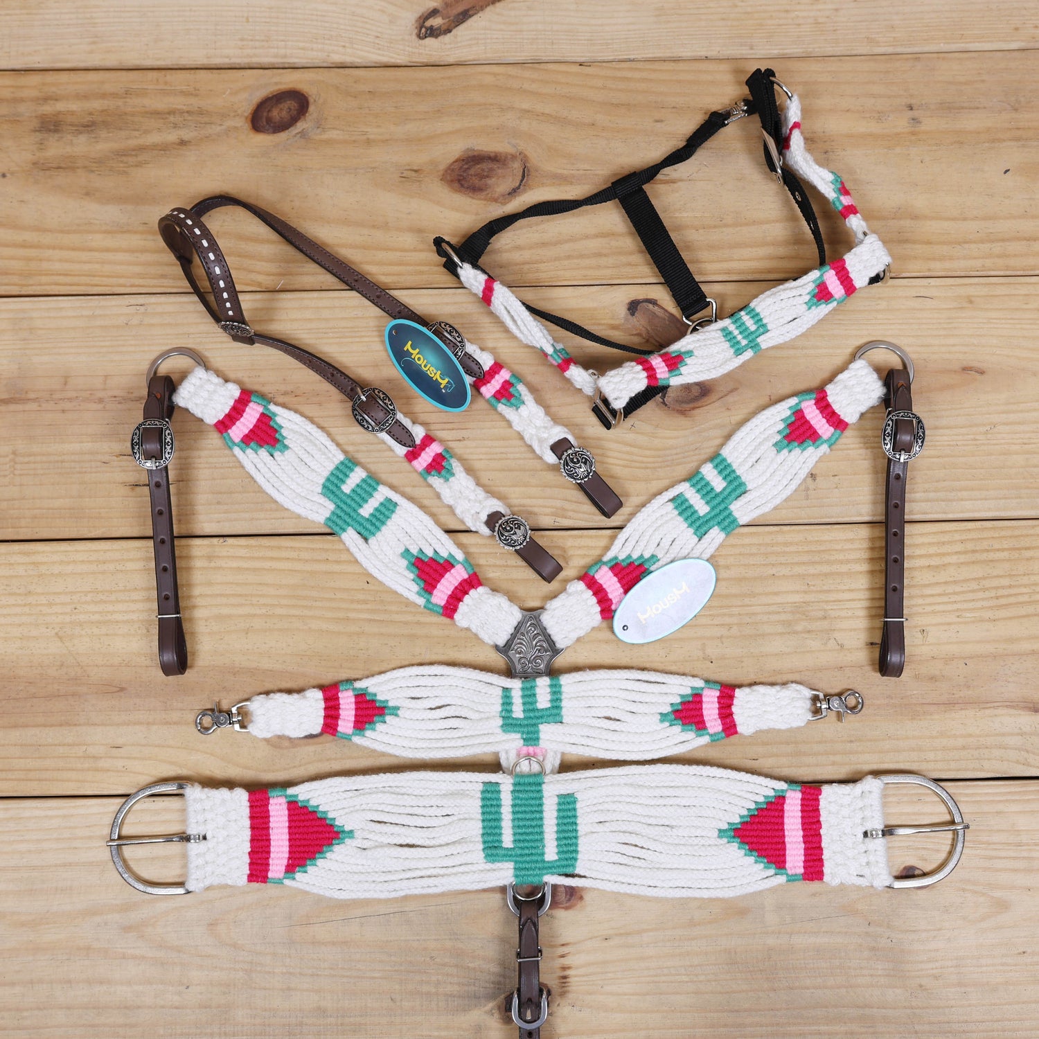 Green Cactus Mohair Western Headstall Tack Set with 32” Front Girth – White, Green &amp; Red – Complete 5-Piece Set on Argentina Leather – Antique Copper Hardware – Handcrafted