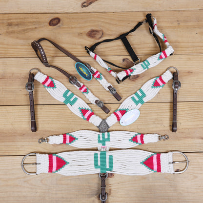 Green Cactus Mohair Western Headstall Tack Set with 32” Front Girth – White, Green &amp; Red – Complete 5-Piece Set on Argentina Leather – Antique Copper Hardware – Handcrafted