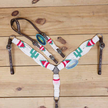 Green Cactus Mohair Western Headstall Tack Set with 32” Front Girth – White, Green &amp; Red – Complete 5-Piece Set on Argentina Leather – Antique Copper Hardware – Handcrafted