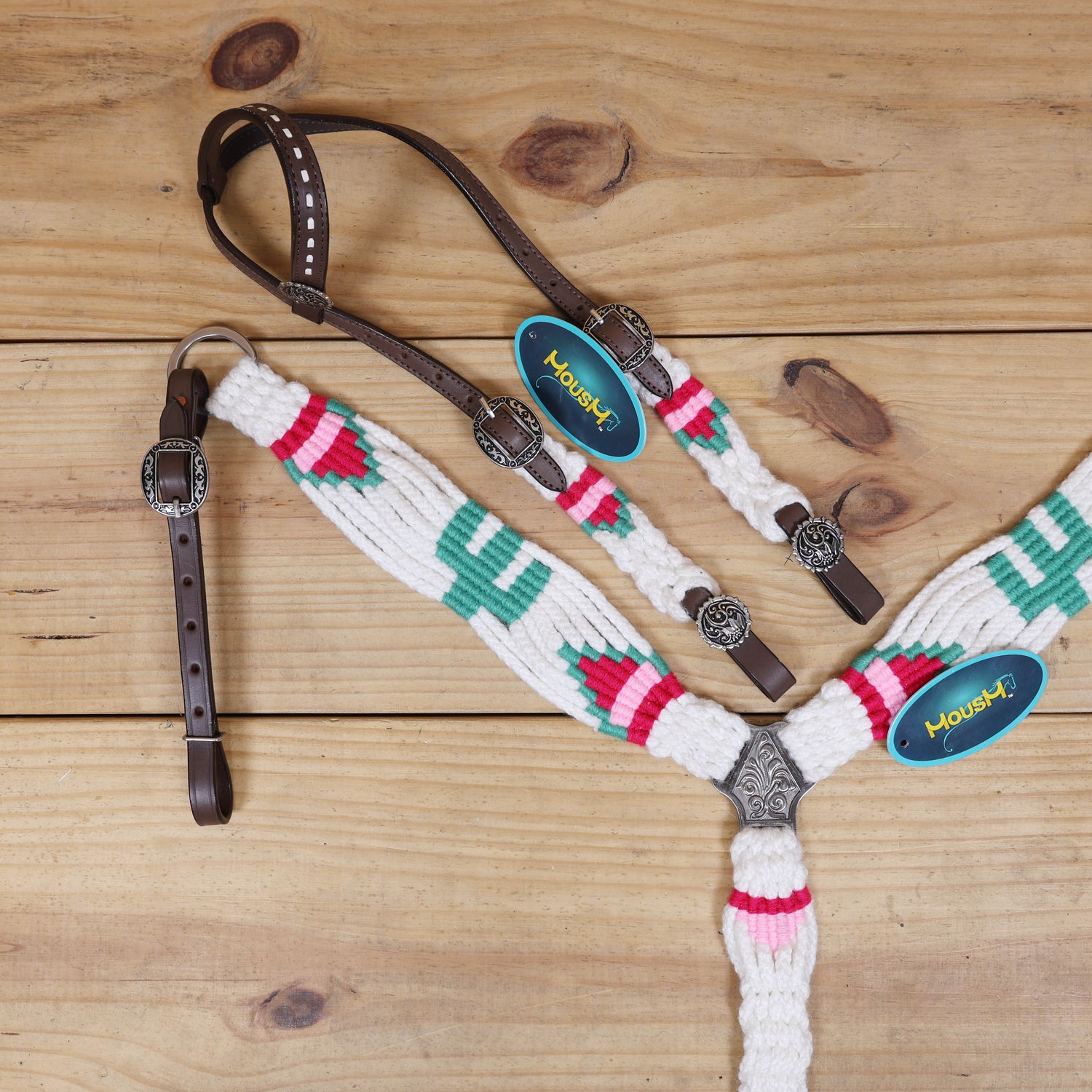 Green Cactus Mohair Western Headstall Tack Set with 32” Front Girth – White, Green &amp; Red – Complete 5-Piece Set on Argentina Leather – Antique Copper Hardware – Handcrafted