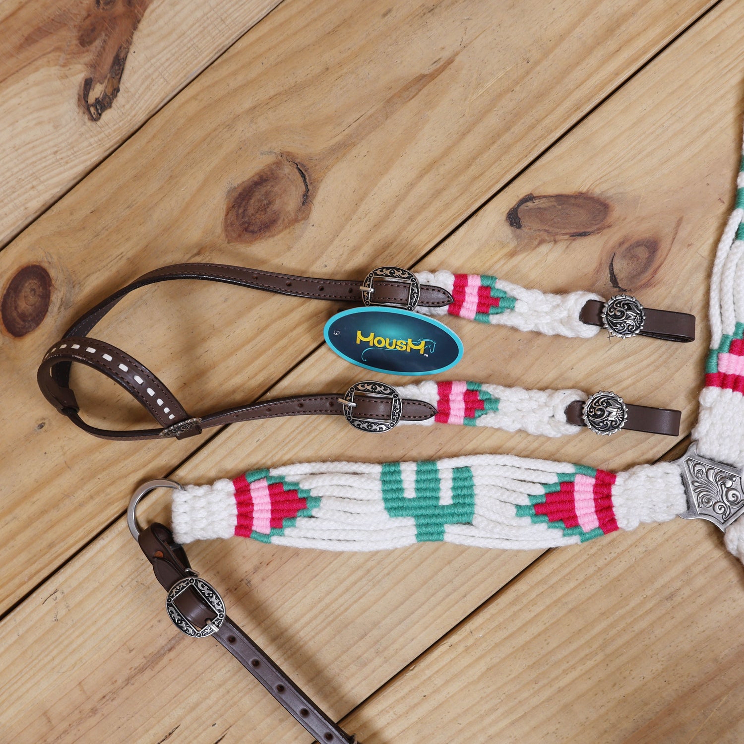 Green Cactus Mohair Western Headstall Tack Set with 32” Front Girth – White, Green &amp; Red – Complete 5-Piece Set on Argentina Leather – Antique Copper Hardware – Handcrafted