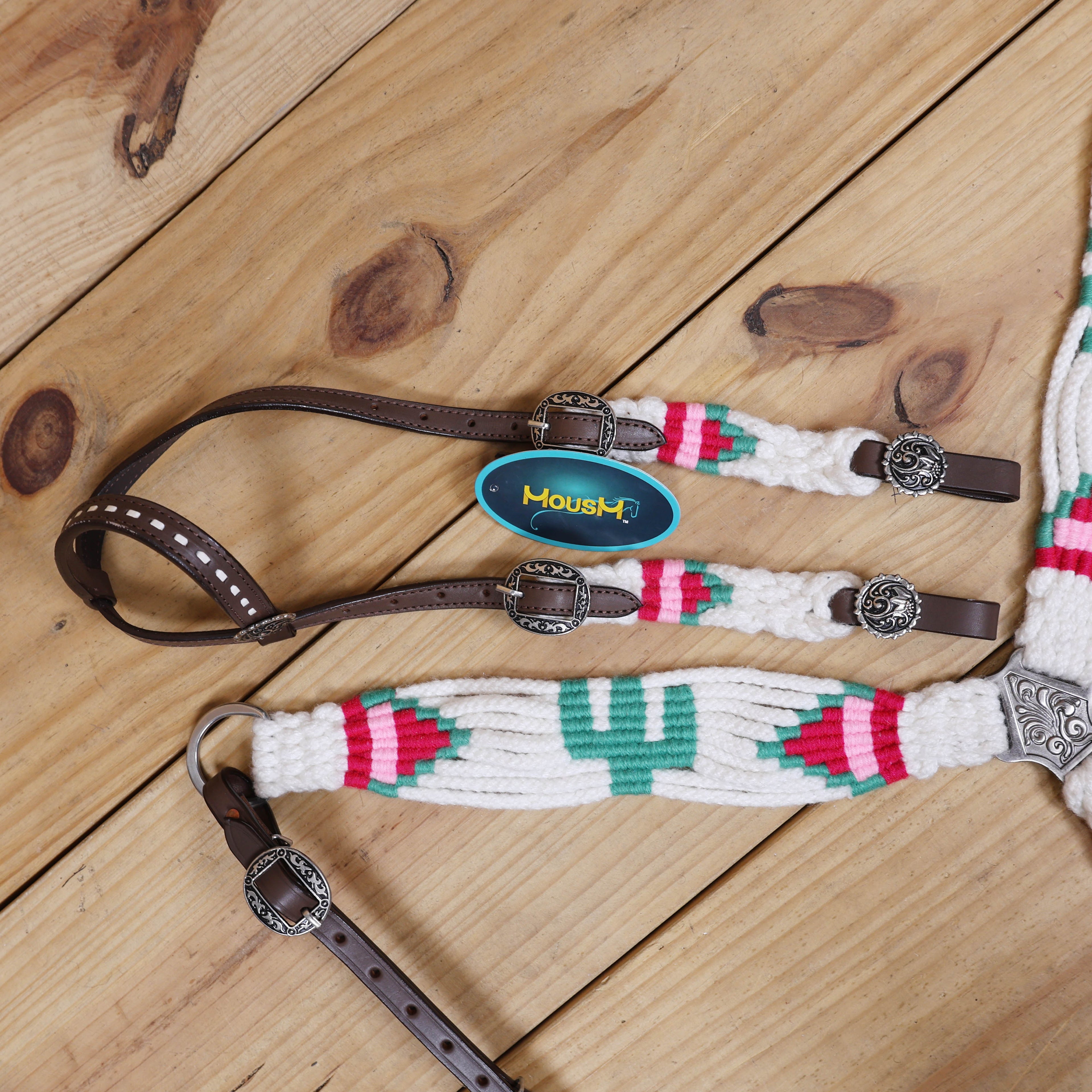Green Cactus Mohair Western Headstall Tack Set with 32” Front Girth – White, Green &amp; Red – Complete 5-Piece Set on Argentina Leather – Antique Copper Hardware – Handcrafted