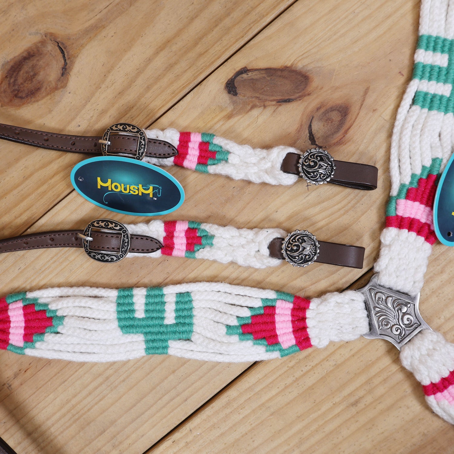 Green Cactus Mohair Western Headstall Tack Set with 32” Front Girth – White, Green &amp; Red – Complete 5-Piece Set on Argentina Leather – Antique Copper Hardware – Handcrafted