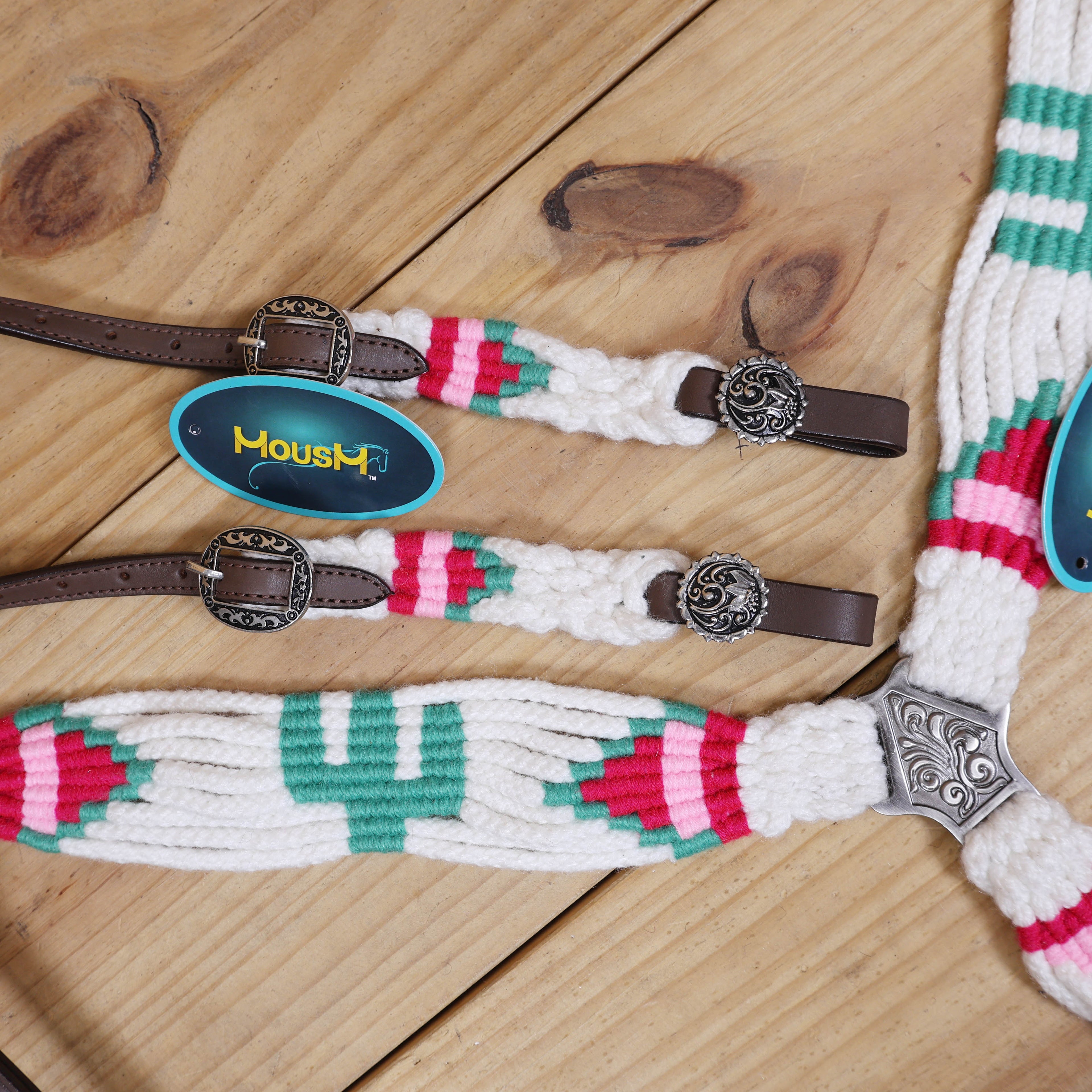 Green Cactus Mohair Western Headstall Tack Set with 32” Front Girth – White, Green &amp; Red – Complete 5-Piece Set on Argentina Leather – Antique Copper Hardware – Handcrafted