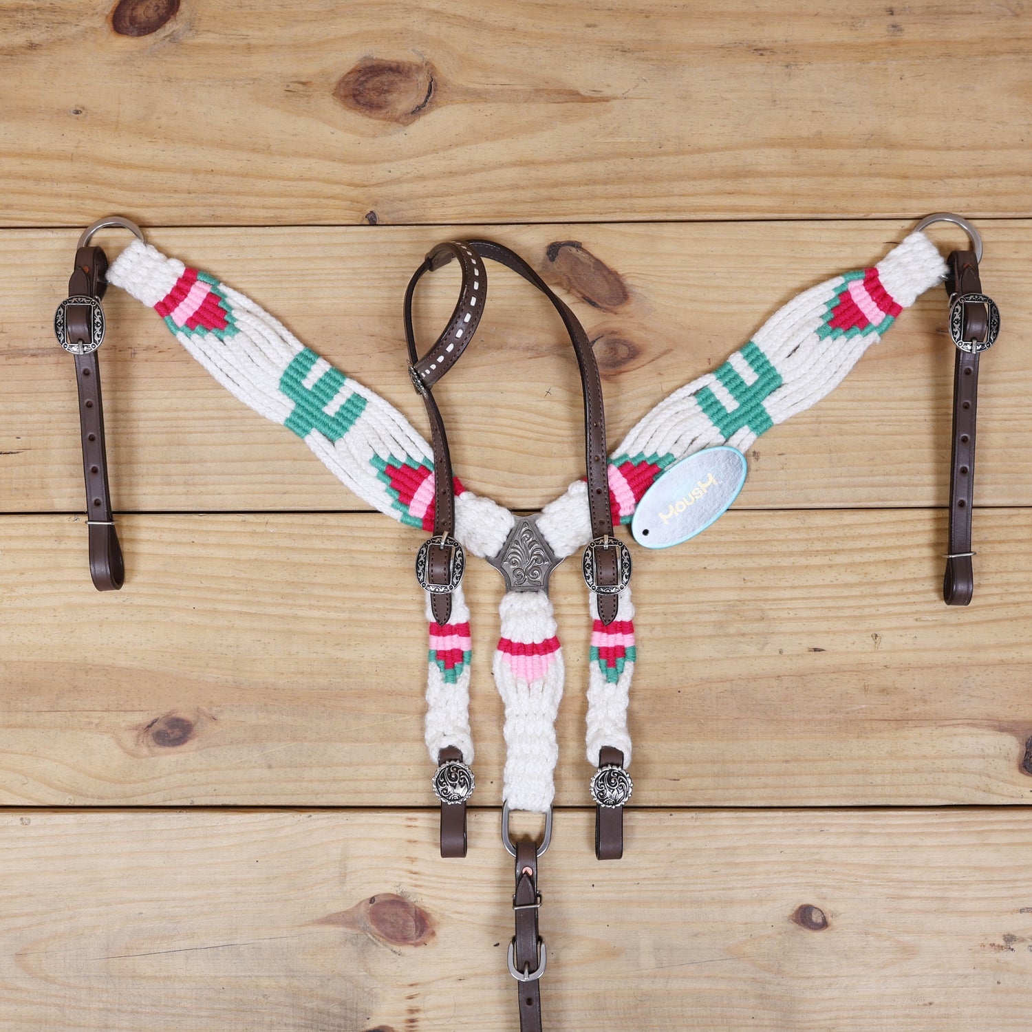 Green Cactus Mohair Western Headstall Tack Set with 32” Front Girth – White, Green &amp; Red – Complete 5-Piece Set on Argentina Leather – Antique Copper Hardware – Handcrafted