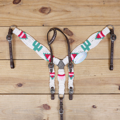 Green Cactus Mohair Western Headstall Tack Set with 32” Front Girth – White, Green &amp; Red – Complete 5-Piece Set on Argentina Leather – Antique Copper Hardware – Handcrafted