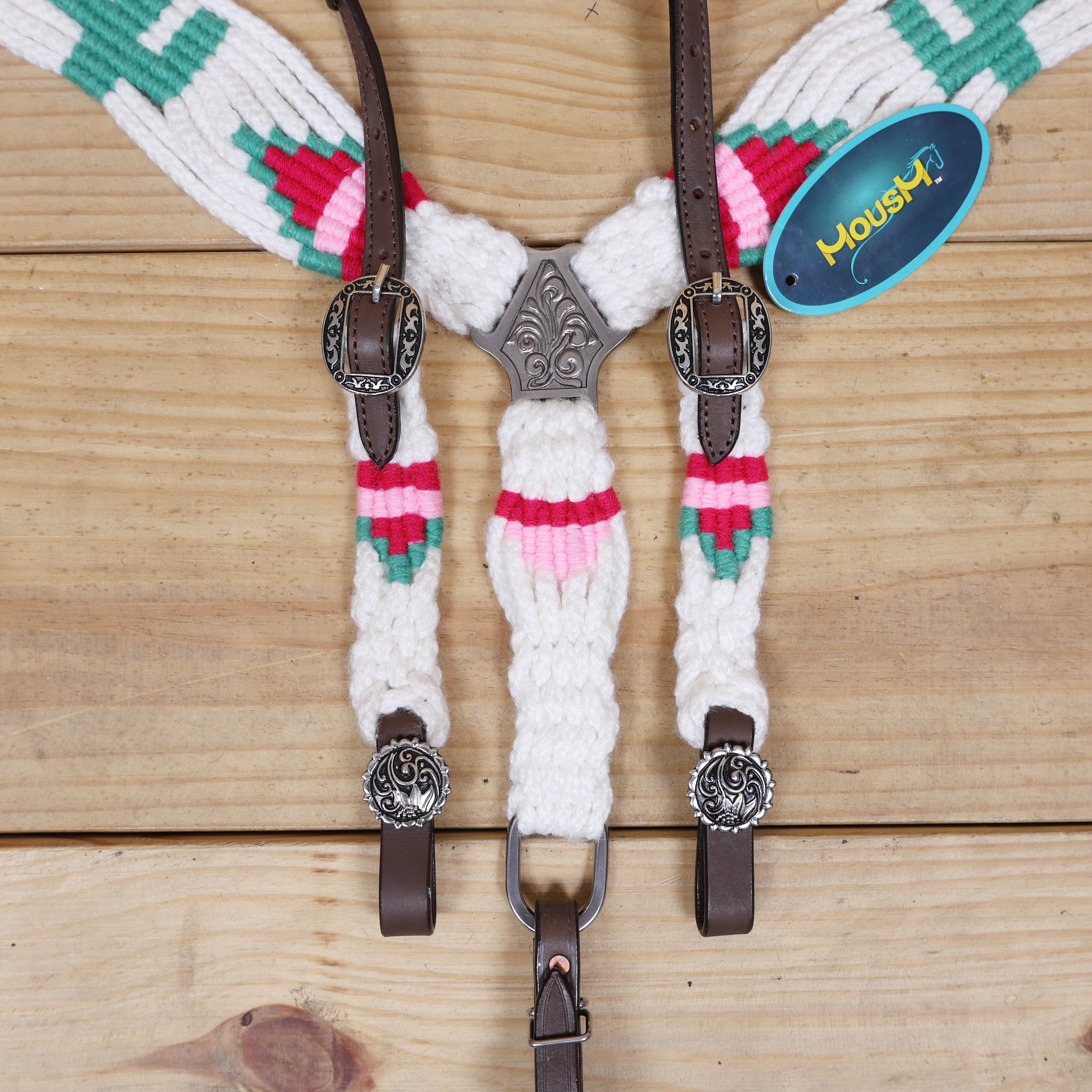 Green Cactus Mohair Western Headstall Tack Set with 32” Front Girth – White, Green &amp; Red – Complete 5-Piece Set on Argentina Leather – Antique Copper Hardware – Handcrafted