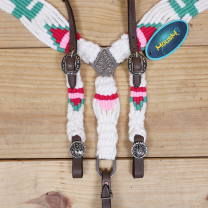 Green Cactus Mohair Western Headstall Tack Set with 32” Front Girth – White, Green &amp; Red – Complete 5-Piece Set on Argentina Leather – Antique Copper Hardware – Handcrafted