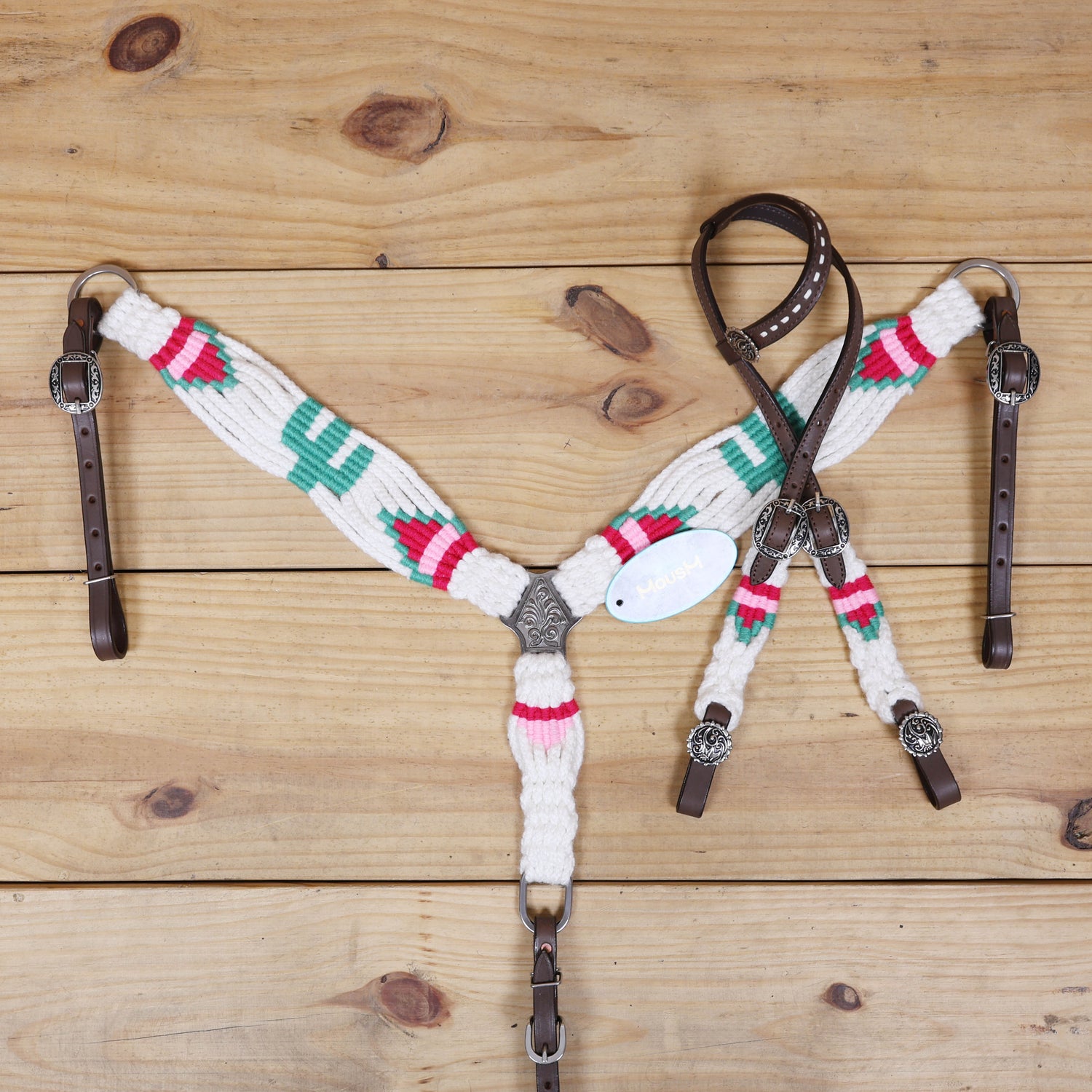Green Cactus Mohair Western Headstall Tack Set with 32” Front Girth – White, Green &amp; Red – Complete 5-Piece Set on Argentina Leather – Antique Copper Hardware – Handcrafted