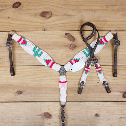 Green Cactus Mohair Western Headstall Tack Set with 32” Front Girth – White, Green &amp; Red – Complete 5-Piece Set on Argentina Leather – Antique Copper Hardware – Handcrafted