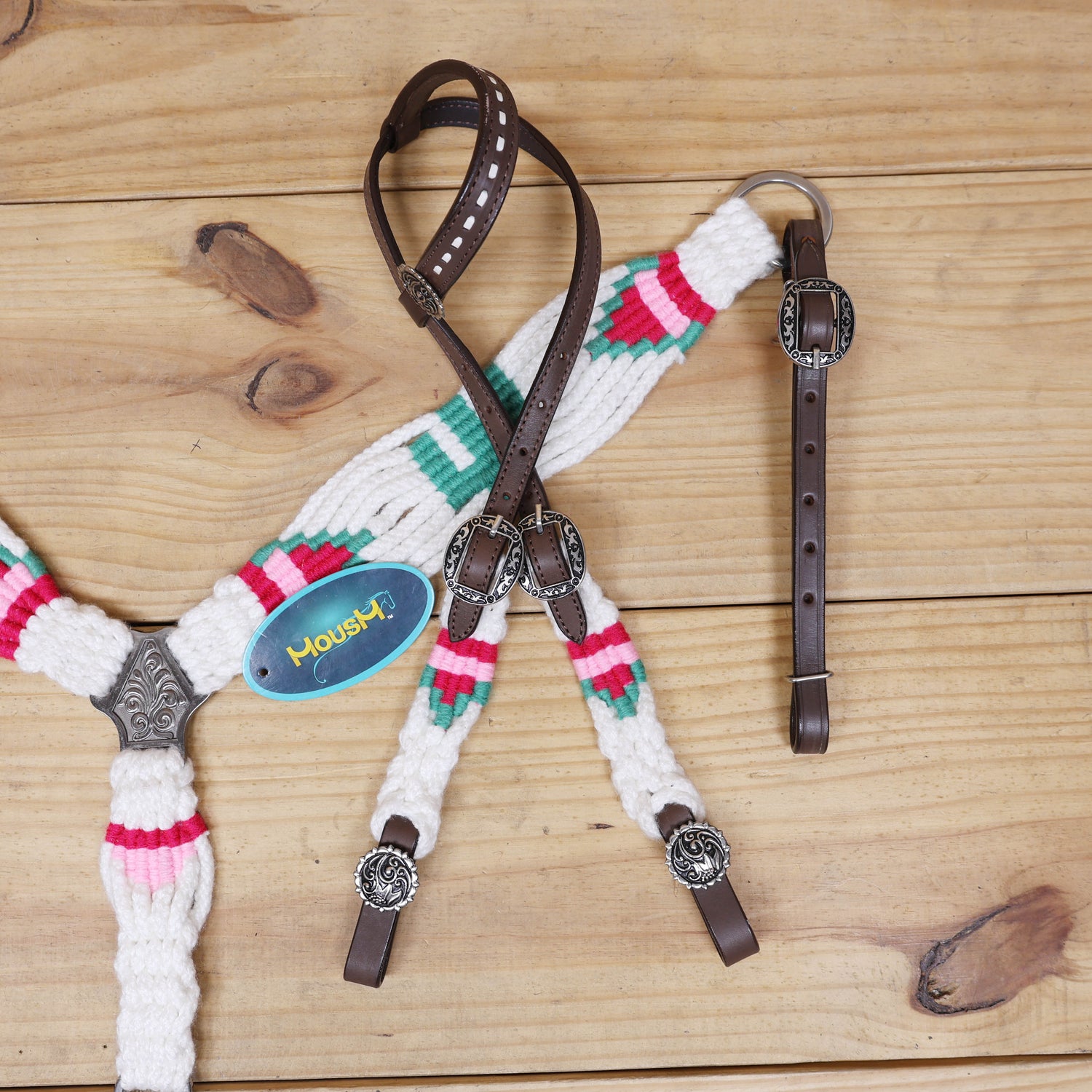 Green Cactus Mohair Western Headstall Tack Set with 32” Front Girth – White, Green &amp; Red – Complete 5-Piece Set on Argentina Leather – Antique Copper Hardware – Handcrafted
