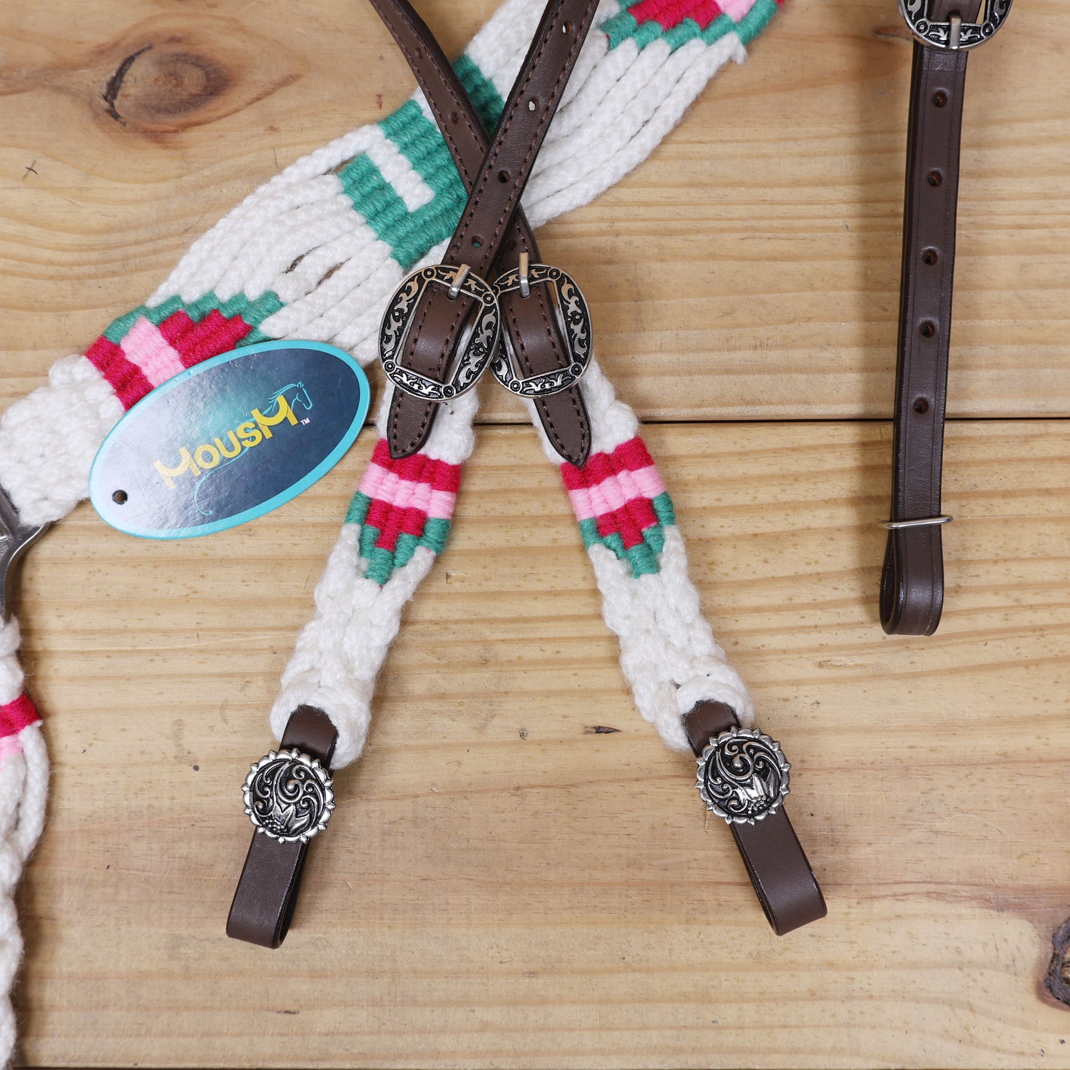 Green Cactus Mohair Western Headstall Tack Set with 32” Front Girth – White, Green &amp; Red – Complete 5-Piece Set on Argentina Leather – Antique Copper Hardware – Handcrafted