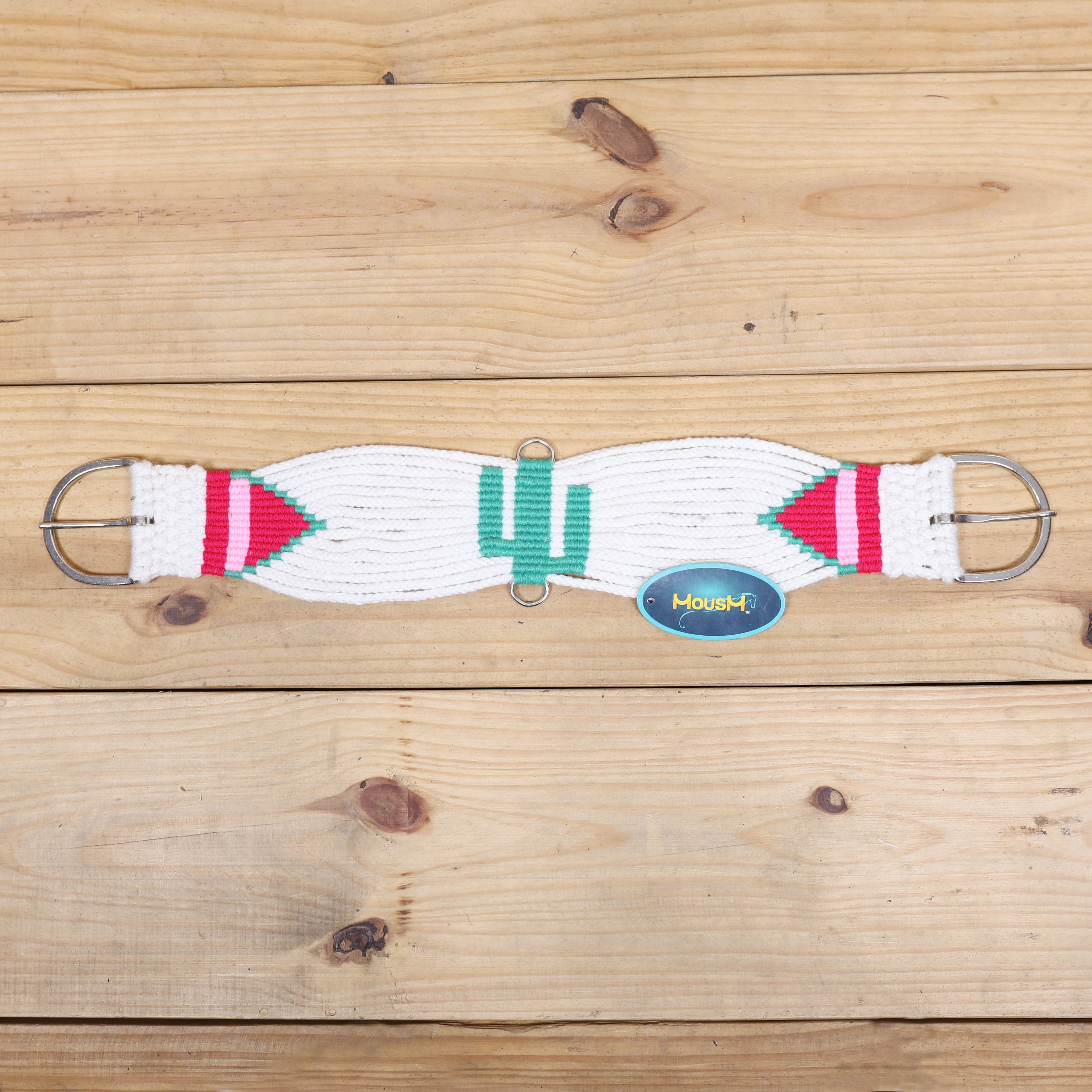 Green Cactus Mohair Western Headstall Tack Set with 32” Front Girth – White, Green &amp; Red – Complete 5-Piece Set on Argentina Leather – Antique Copper Hardware – Handcrafted