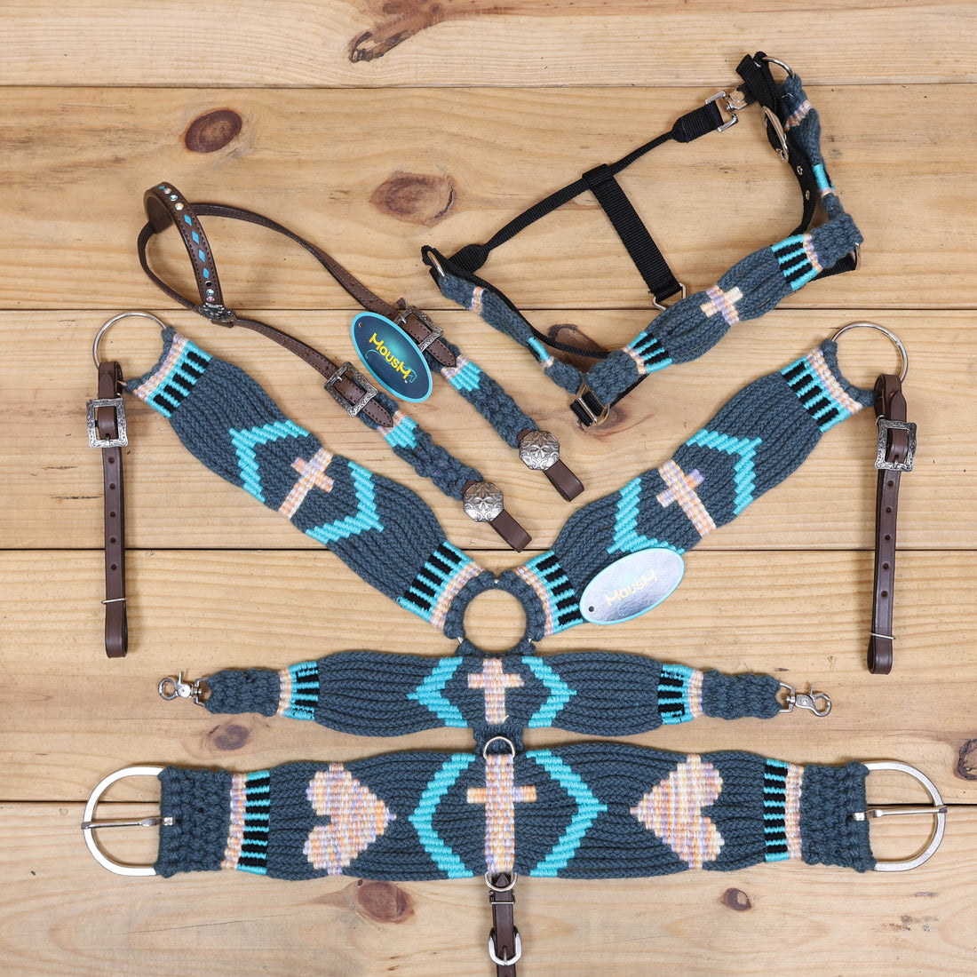 Dark Grey, Sky Blue &amp; Beige Mohair Western Headstall Tack Set with 32” Front Girth – Complete 5-Piece Set on Argentina Leather – Antique Copper Hardware – Handcrafted