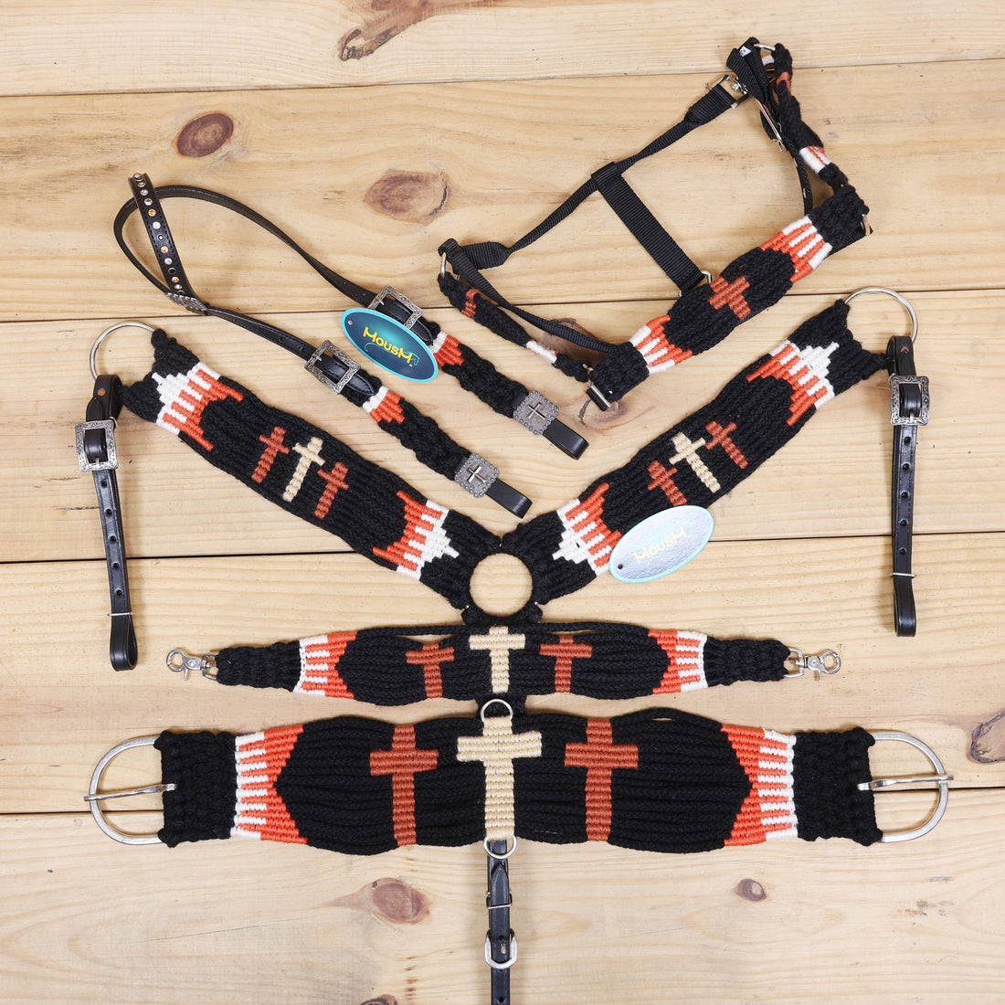 3 Cross Design Mohair Western Headstall Tack Set with 32” Front Girth – Black &amp; Orange – Complete 5-Piece Set on Argentina Leather – Antique Copper Hardware – Handcrafted