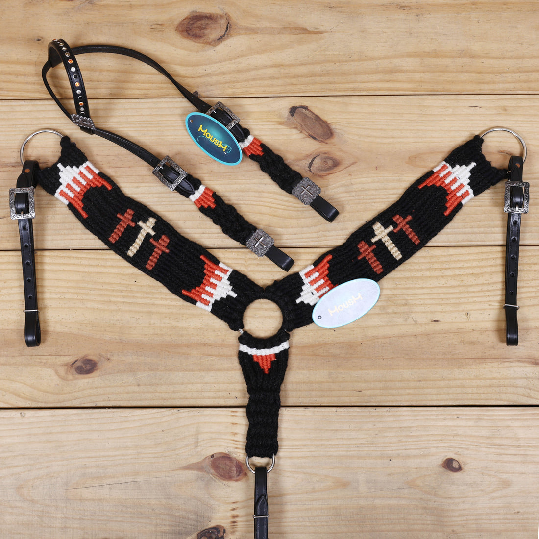 3 Cross Design Mohair Western Headstall Tack Set with 32” Front Girth – Black &amp; Orange – Complete 5-Piece Set on Argentina Leather – Antique Copper Hardware – Handcrafted