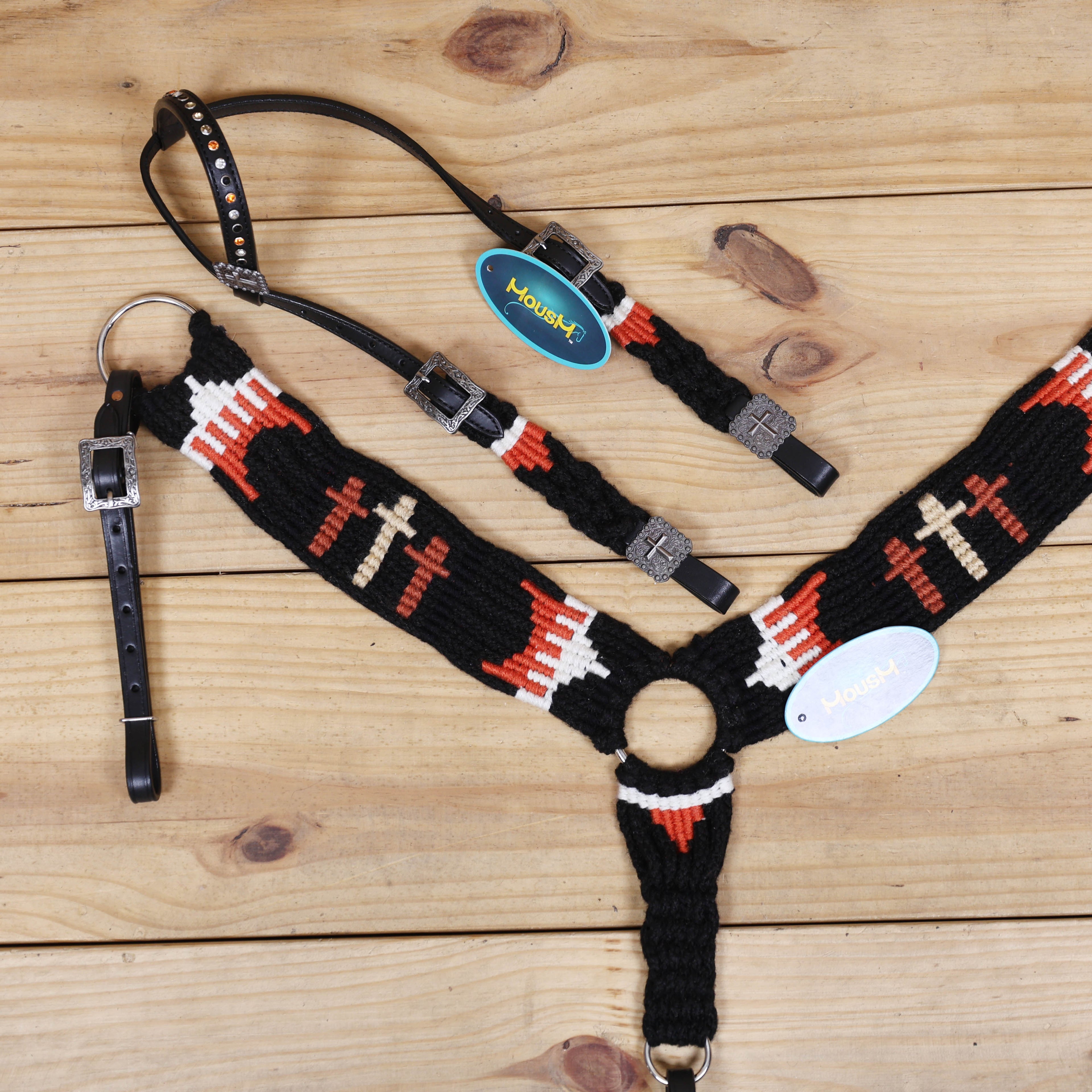 3 Cross Design Mohair Western Headstall Tack Set with 32” Front Girth – Black &amp; Orange – Complete 5-Piece Set on Argentina Leather – Antique Copper Hardware – Handcrafted