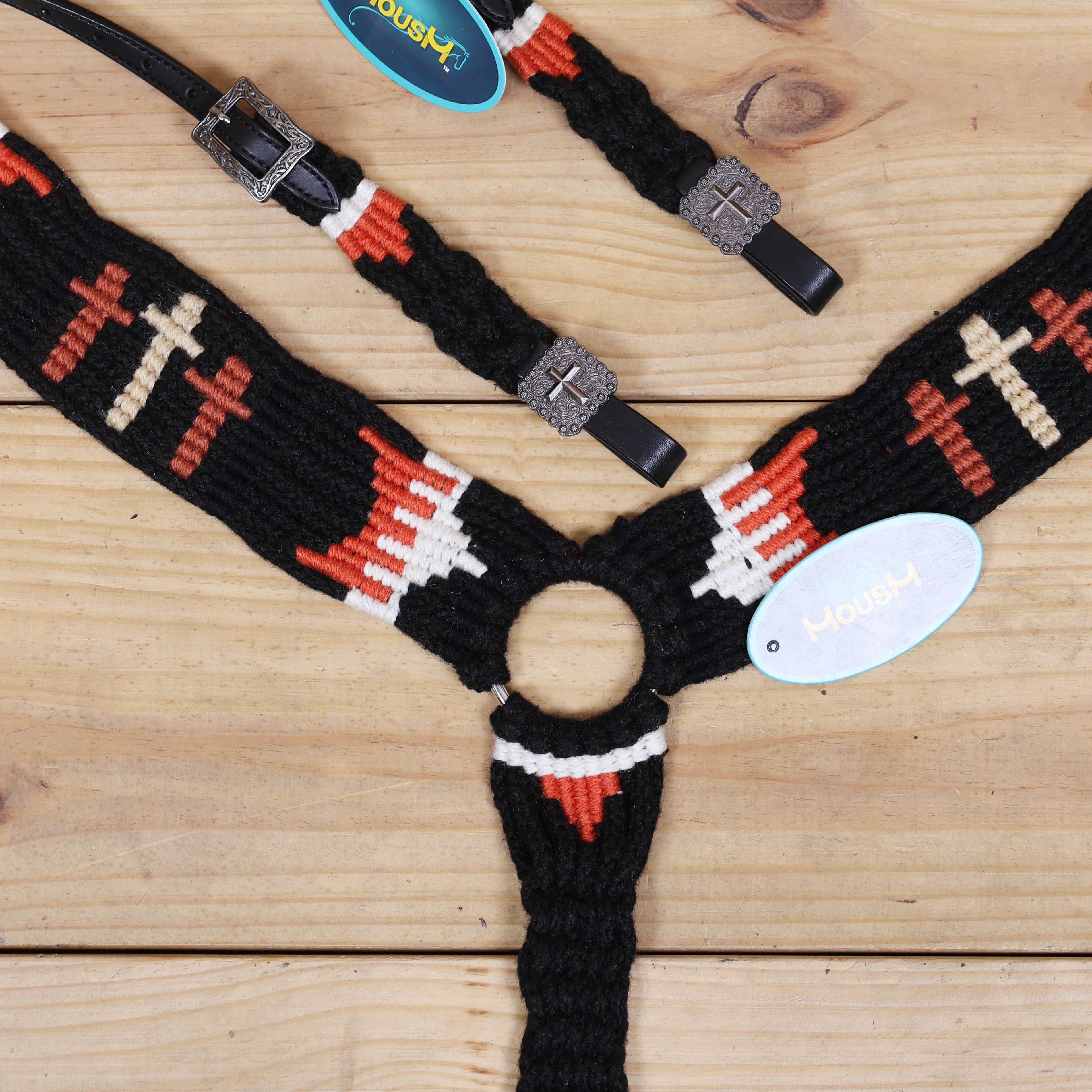3 Cross Design Mohair Western Headstall Tack Set with 32” Front Girth – Black &amp; Orange – Complete 5-Piece Set on Argentina Leather – Antique Copper Hardware – Handcrafted