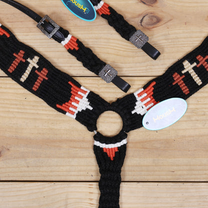 3 Cross Design Mohair Western Headstall Tack Set with 32” Front Girth – Black &amp; Orange – Complete 5-Piece Set on Argentina Leather – Antique Copper Hardware – Handcrafted