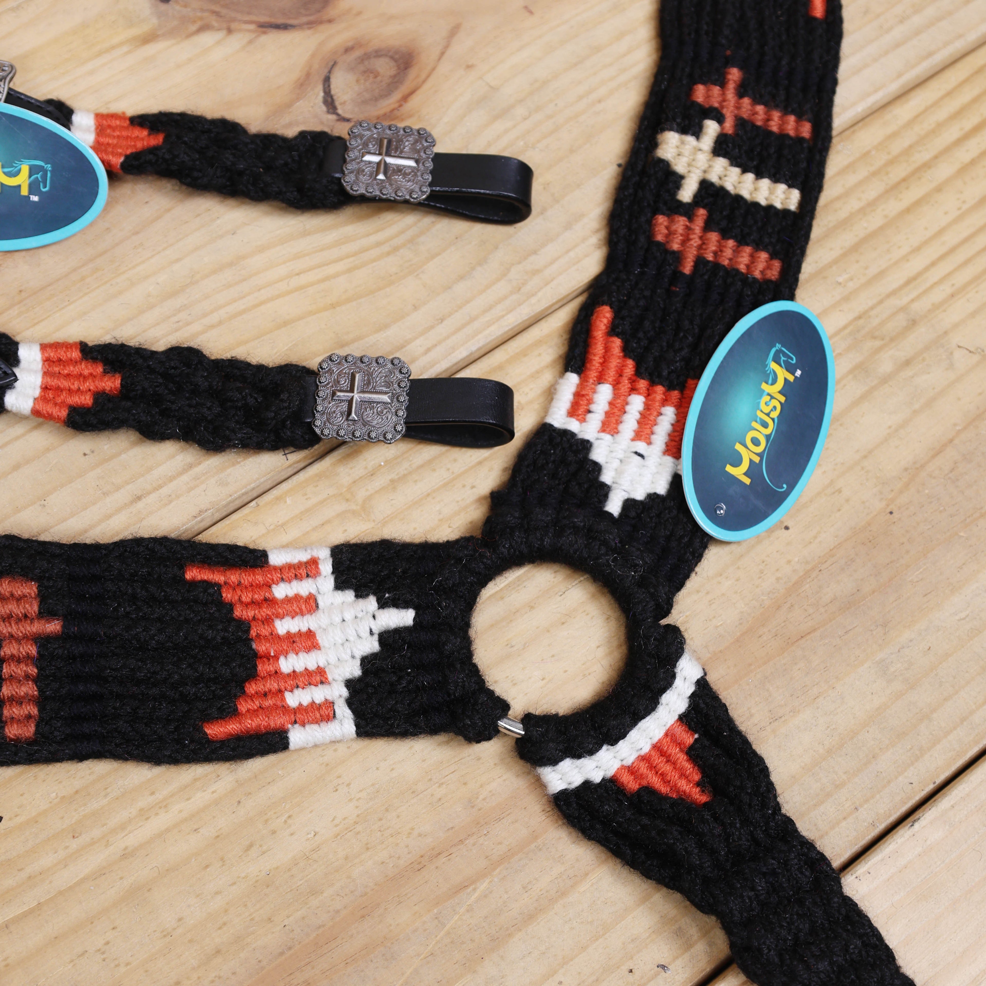 3 Cross Design Mohair Western Headstall Tack Set with 32” Front Girth – Black &amp; Orange – Complete 5-Piece Set on Argentina Leather – Antique Copper Hardware – Handcrafted