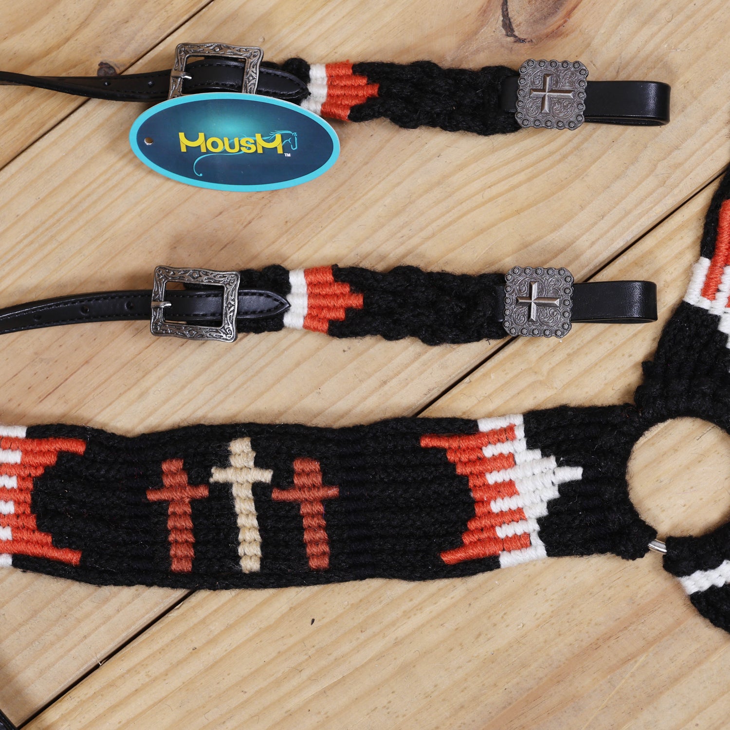 3 Cross Design Mohair Western Headstall Tack Set with 32” Front Girth – Black &amp; Orange – Complete 5-Piece Set on Argentina Leather – Antique Copper Hardware – Handcrafted