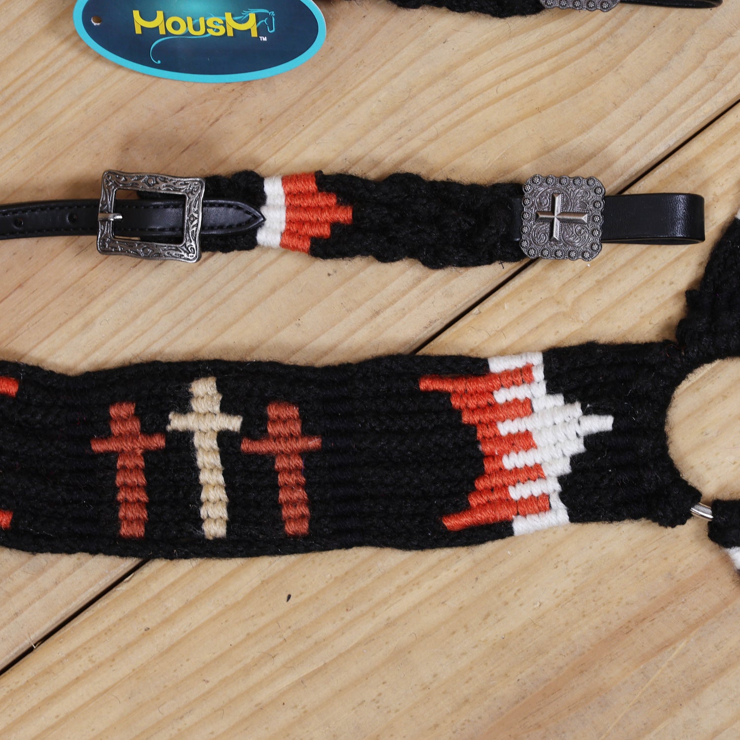 3 Cross Design Mohair Western Headstall Tack Set with 32” Front Girth – Black &amp; Orange – Complete 5-Piece Set on Argentina Leather – Antique Copper Hardware – Handcrafted
