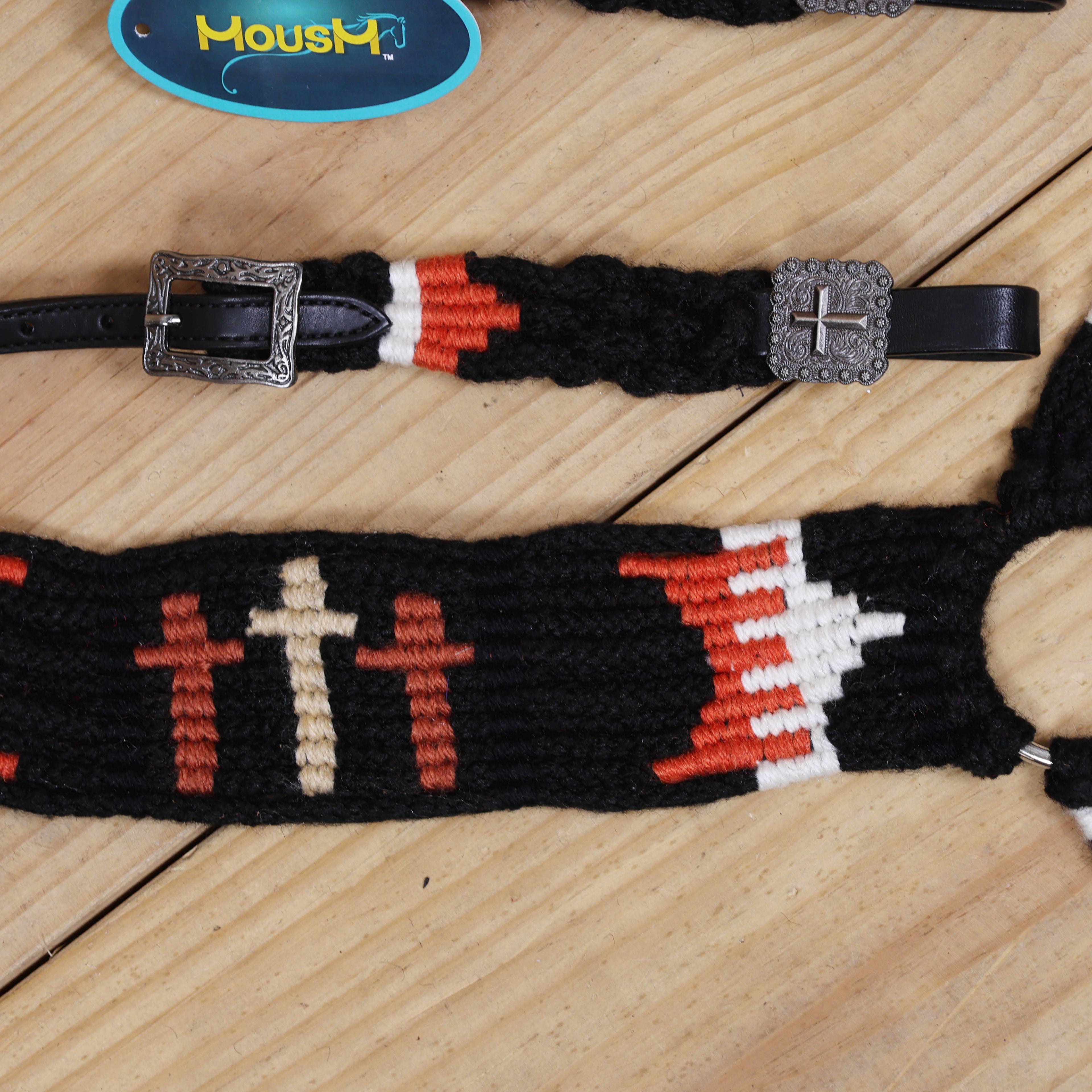 3 Cross Design Mohair Western Headstall Tack Set with 32” Front Girth – Black &amp; Orange – Complete 5-Piece Set on Argentina Leather – Antique Copper Hardware – Handcrafted