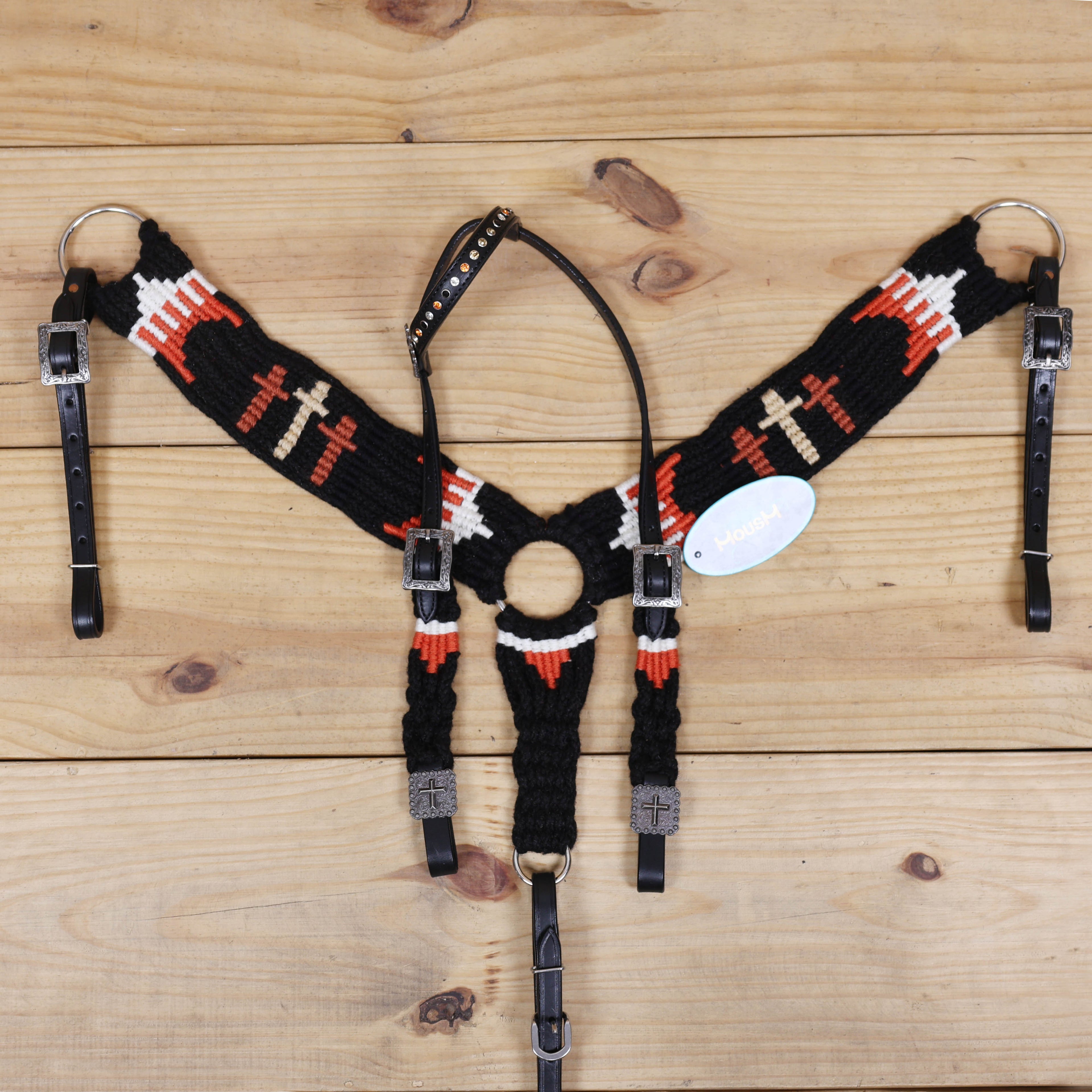 3 Cross Design Mohair Western Headstall Tack Set with 32” Front Girth – Black &amp; Orange – Complete 5-Piece Set on Argentina Leather – Antique Copper Hardware – Handcrafted