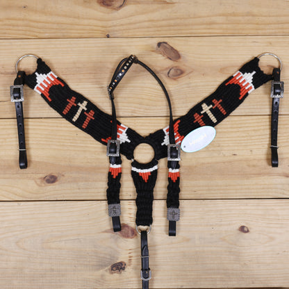 3 Cross Design Mohair Western Headstall Tack Set with 32” Front Girth – Black &amp; Orange – Complete 5-Piece Set on Argentina Leather – Antique Copper Hardware – Handcrafted