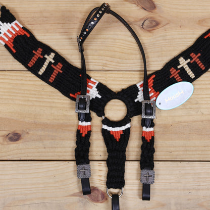 3 Cross Design Mohair Western Headstall Tack Set with 32” Front Girth – Black &amp; Orange – Complete 5-Piece Set on Argentina Leather – Antique Copper Hardware – Handcrafted