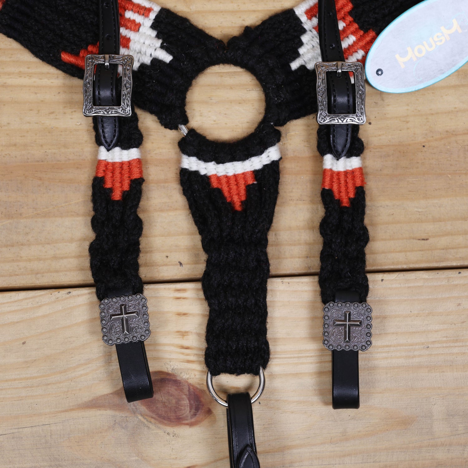 3 Cross Design Mohair Western Headstall Tack Set with 32” Front Girth – Black &amp; Orange – Complete 5-Piece Set on Argentina Leather – Antique Copper Hardware – Handcrafted