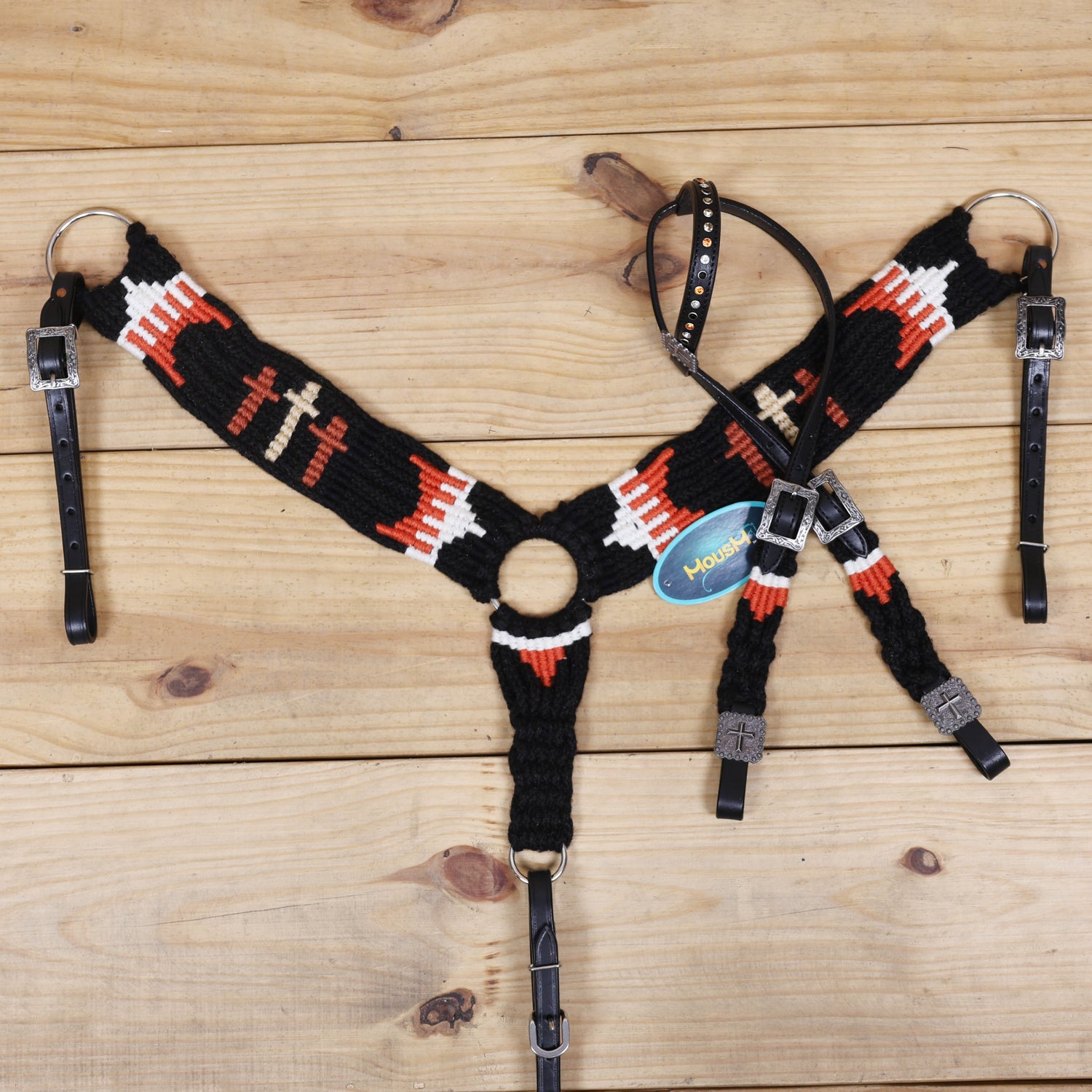 3 Cross Design Mohair Western Headstall Tack Set with 32” Front Girth – Black &amp; Orange – Complete 5-Piece Set on Argentina Leather – Antique Copper Hardware – Handcrafted