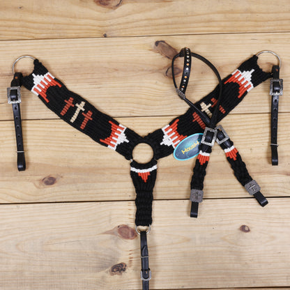 3 Cross Design Mohair Western Headstall Tack Set with 32” Front Girth – Black &amp; Orange – Complete 5-Piece Set on Argentina Leather – Antique Copper Hardware – Handcrafted