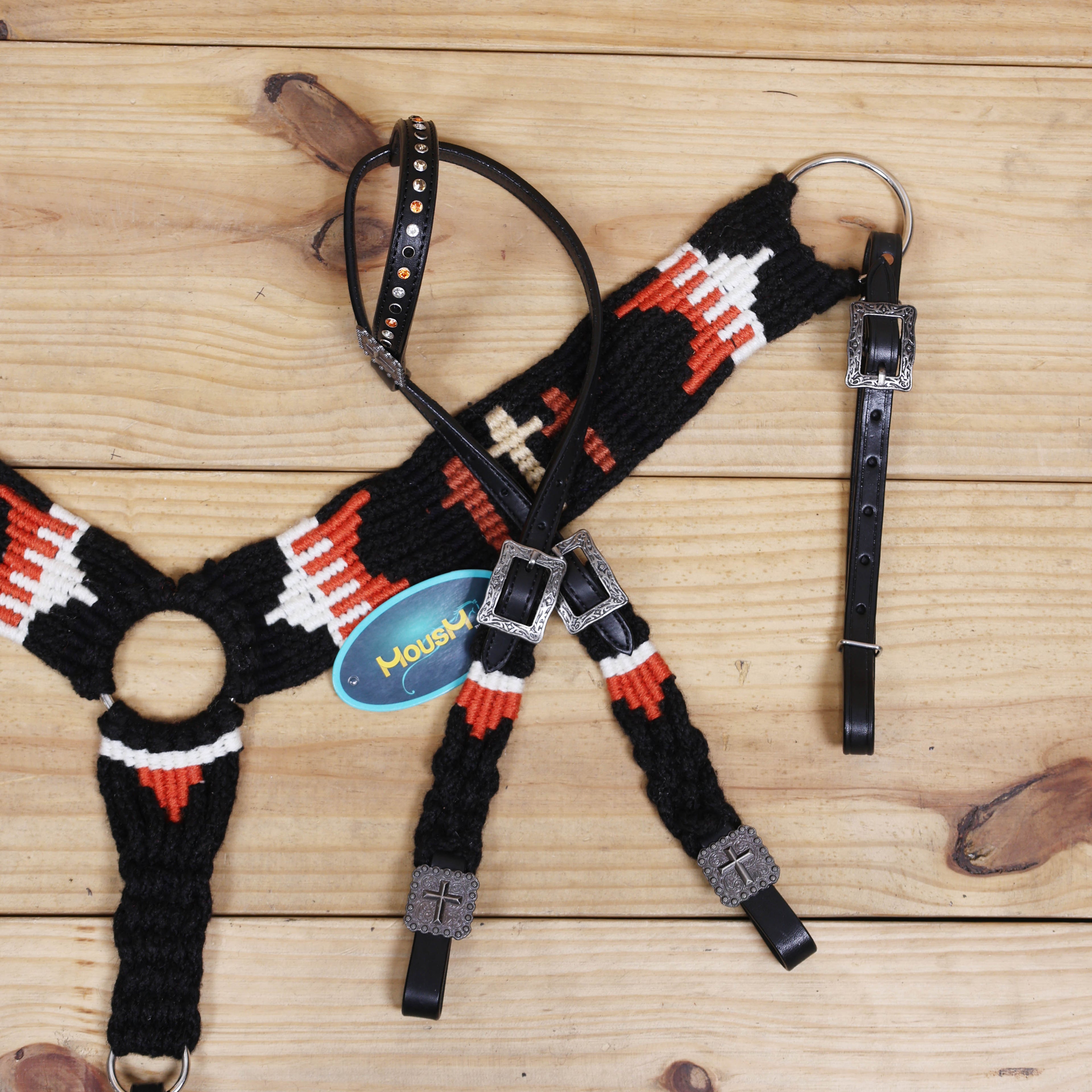 3 Cross Design Mohair Western Headstall Tack Set with 32” Front Girth – Black &amp; Orange – Complete 5-Piece Set on Argentina Leather – Antique Copper Hardware – Handcrafted