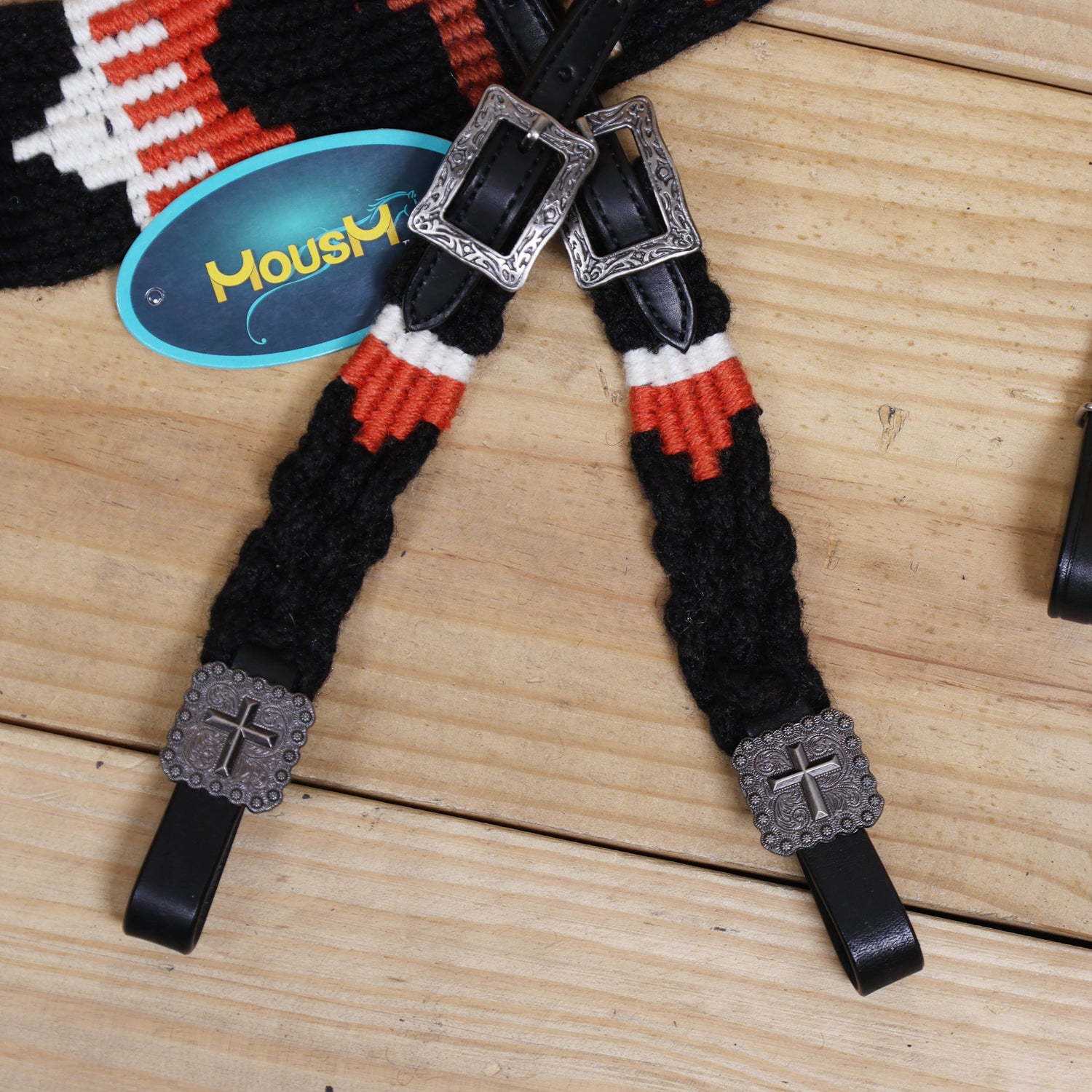 3 Cross Design Mohair Western Headstall Tack Set with 32” Front Girth – Black &amp; Orange – Complete 5-Piece Set on Argentina Leather – Antique Copper Hardware – Handcrafted