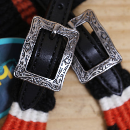 3 Cross Design Mohair Western Headstall Tack Set with 32” Front Girth – Black &amp; Orange – Complete 5-Piece Set on Argentina Leather – Antique Copper Hardware – Handcrafted