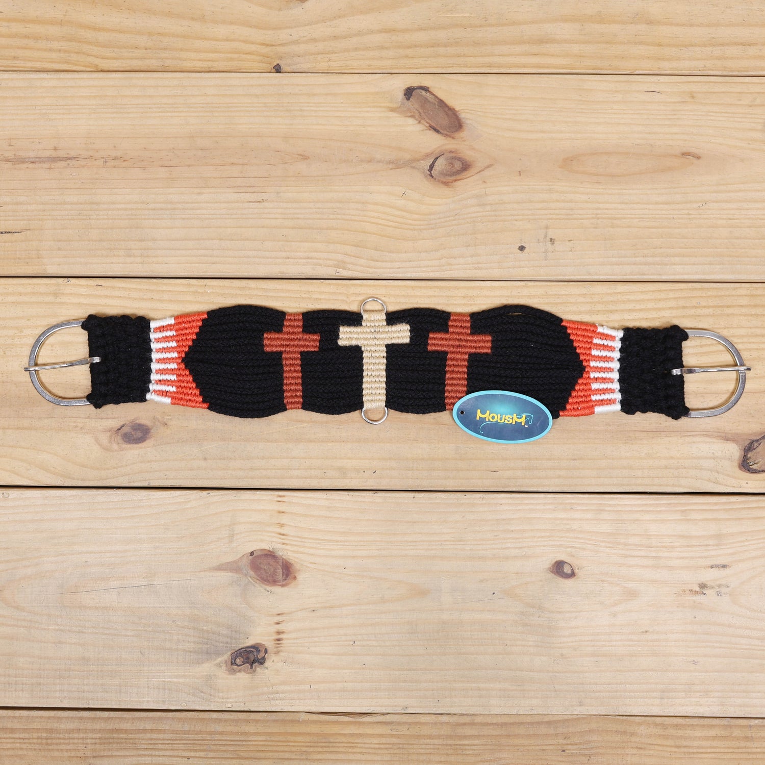 3 Cross Design Mohair Western Headstall Tack Set with 32” Front Girth – Black &amp; Orange – Complete 5-Piece Set on Argentina Leather – Antique Copper Hardware – Handcrafted