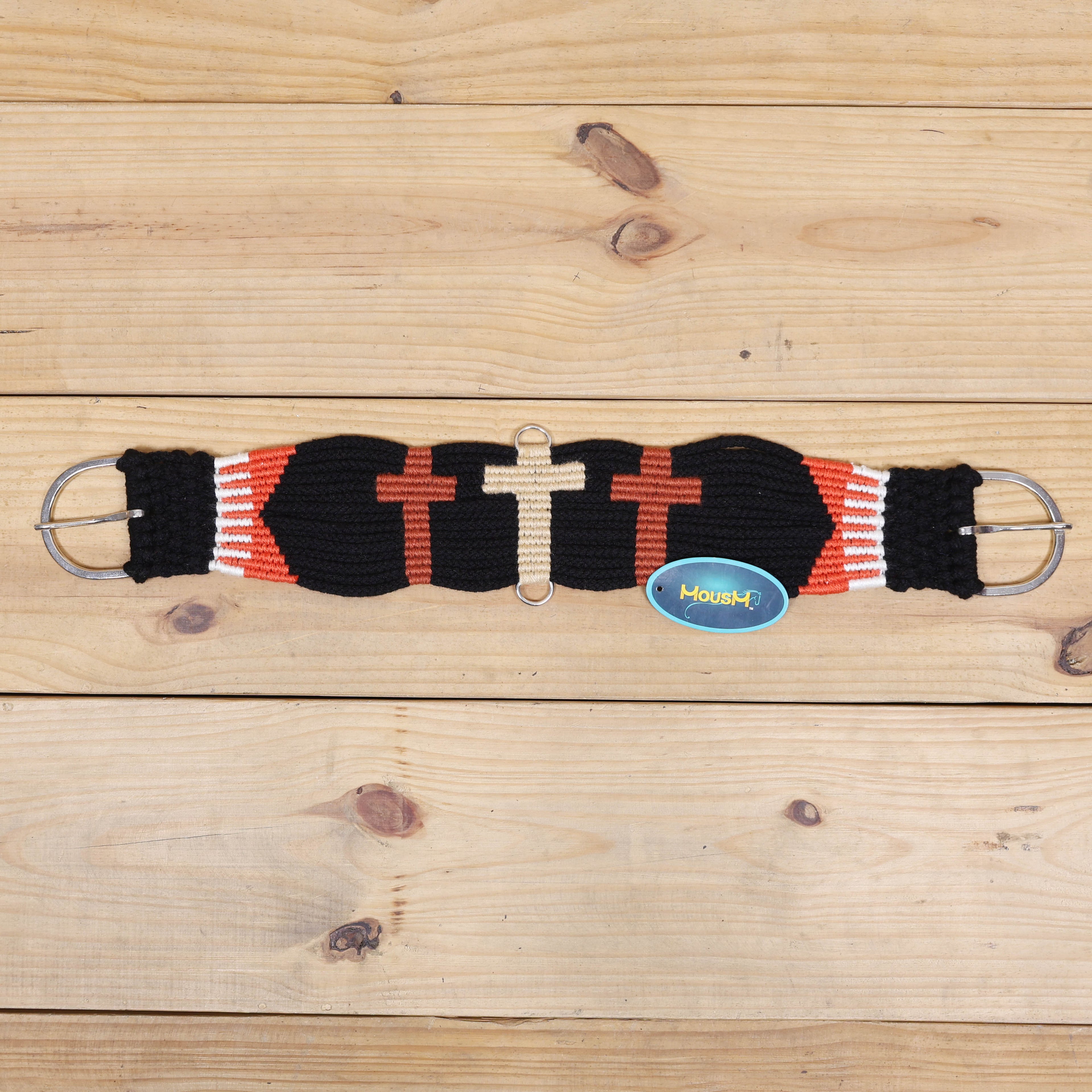 3 Cross Design Mohair Western Headstall Tack Set with 32” Front Girth – Black &amp; Orange – Complete 5-Piece Set on Argentina Leather – Antique Copper Hardware – Handcrafted