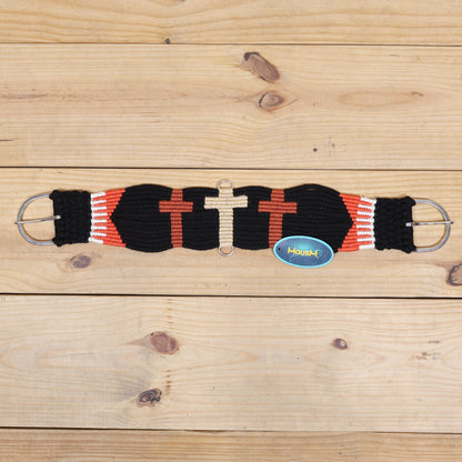 3 Cross Design Mohair Western Headstall Tack Set with 32” Front Girth – Black &amp; Orange – Complete 5-Piece Set on Argentina Leather – Antique Copper Hardware – Handcrafted