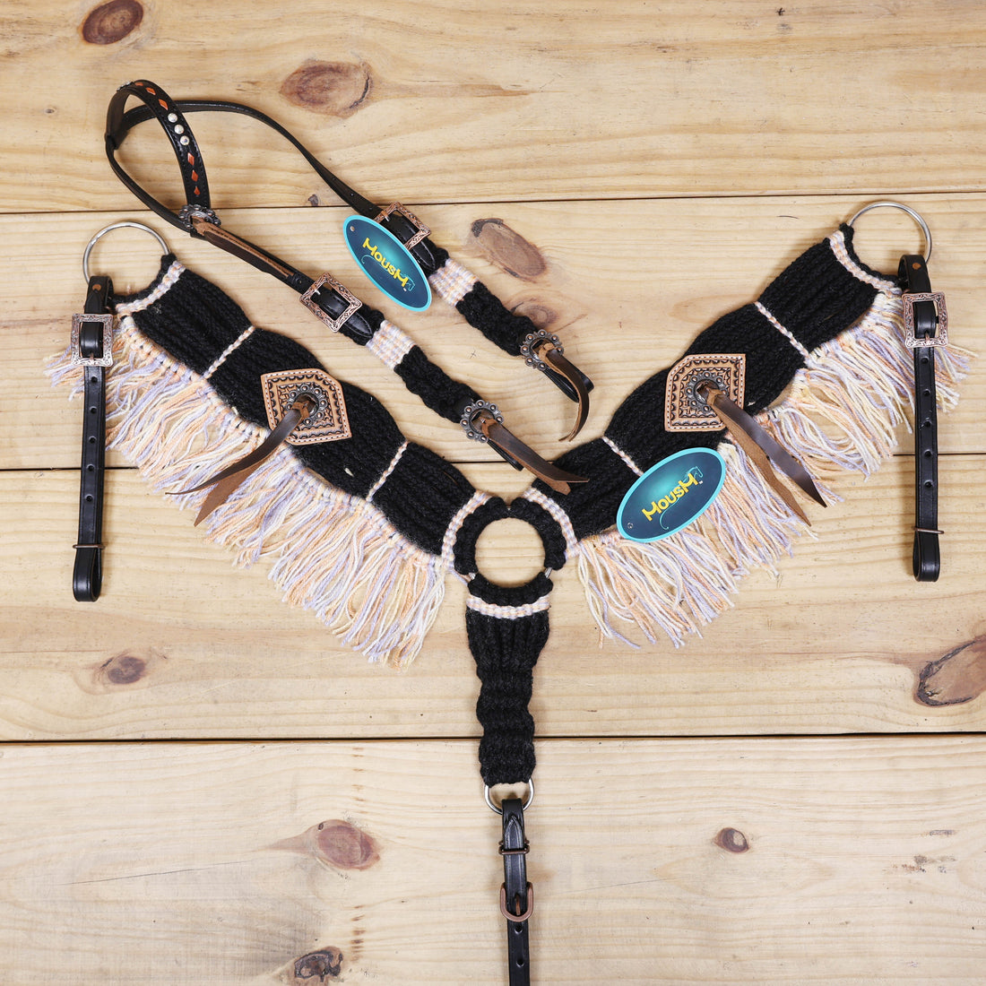 Dark Grey, Sky Blue &amp; Beige Mohair Western Headstall Set Only on Argentina Leather – Antique Copper Hardware – Handcrafted