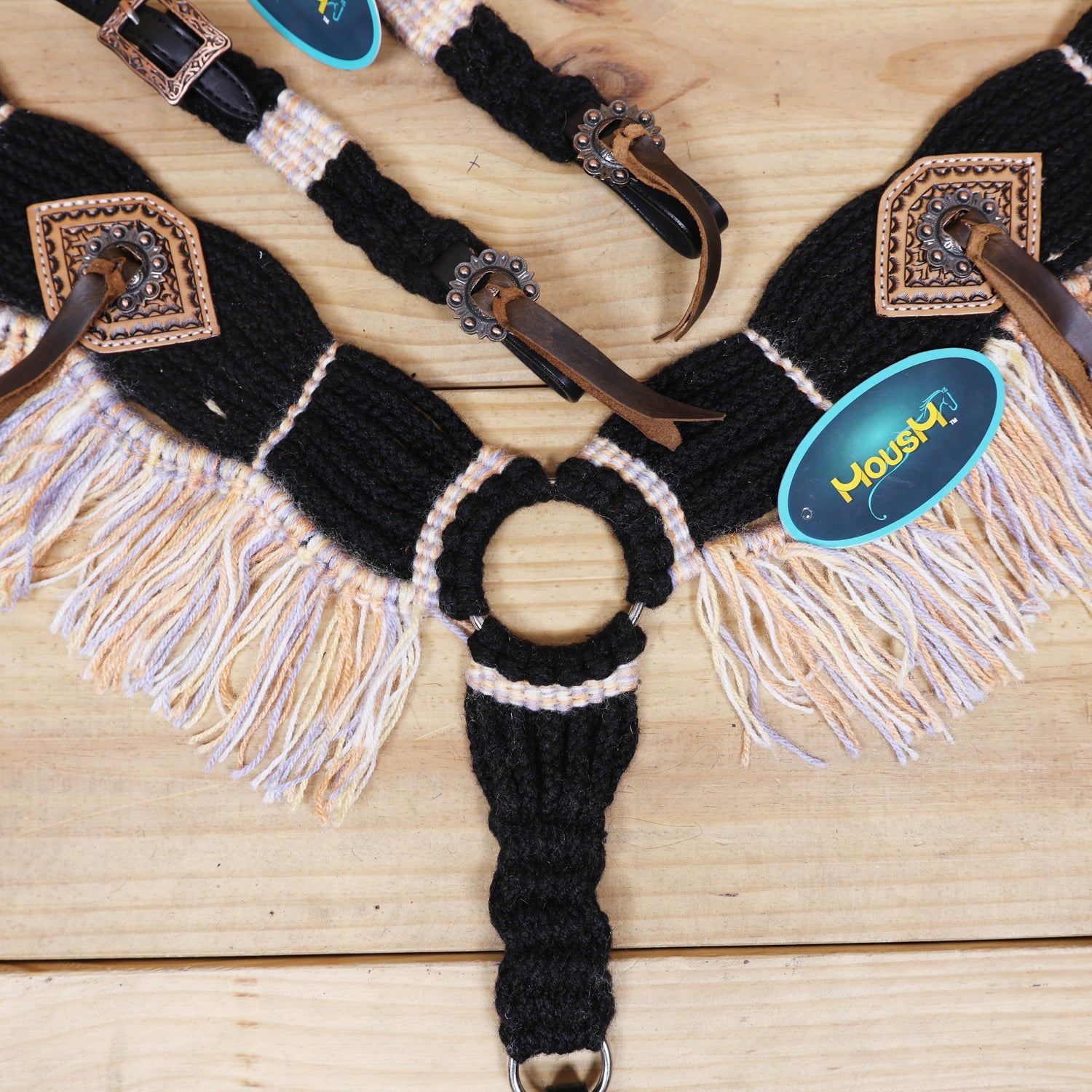 Dark Grey, Sky Blue &amp; Beige Mohair Western Headstall Set Only on Argentina Leather – Antique Copper Hardware – Handcrafted